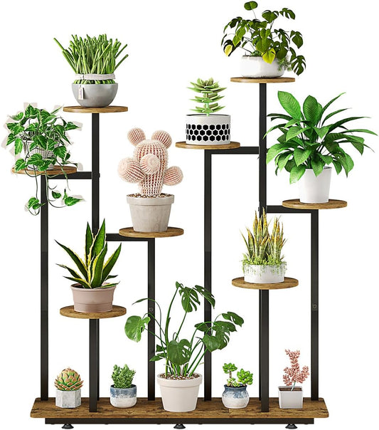 Plant Stand Indoor 9 Tier 11 Potted Multiple Flower Pot Holder for Patio Garden Balcony Living Room Corner (9 Tier Black+Rustic Brown)