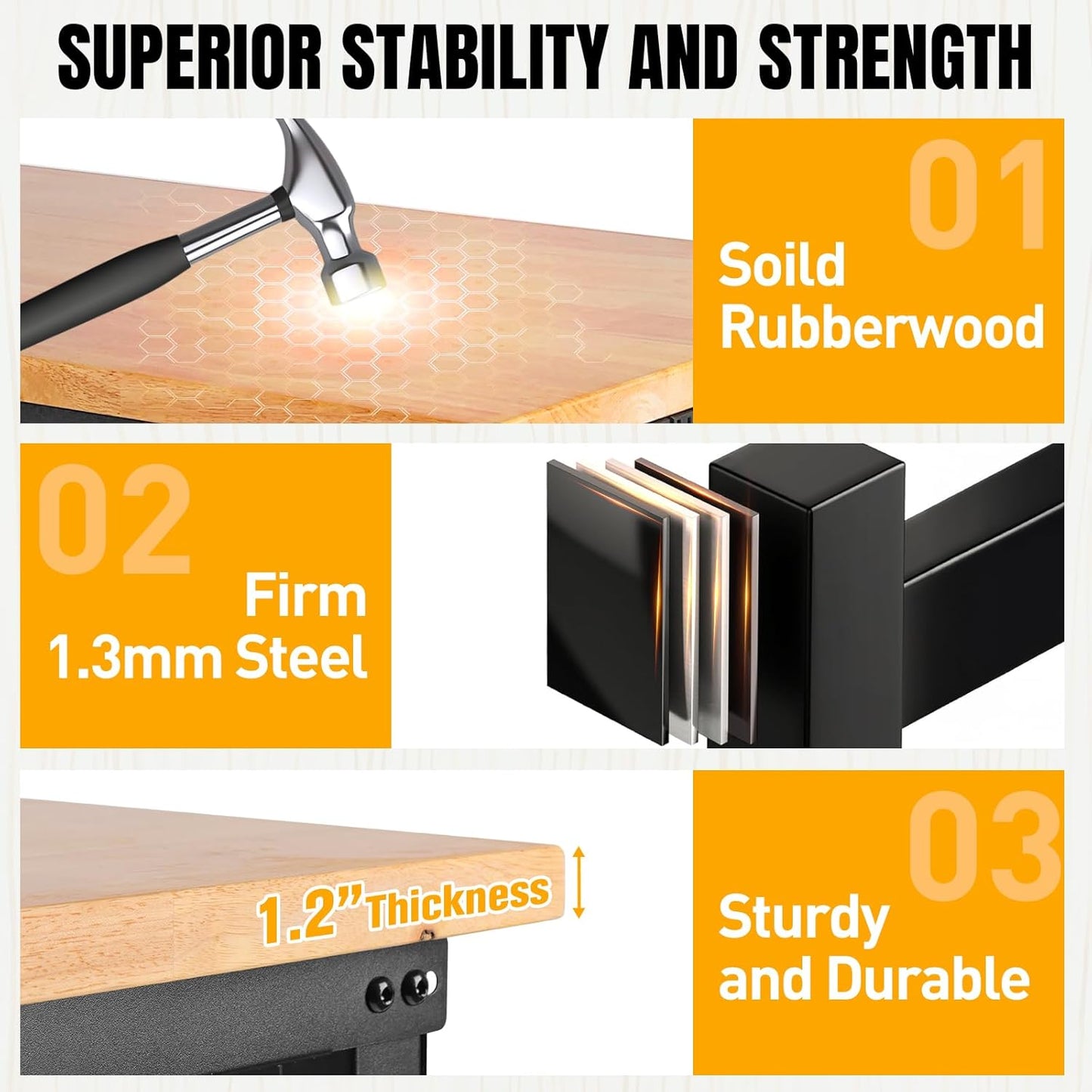 Adjustable Height Workbench, Heavy Duty Table Rubber Wood Workstation with Power Outlet & Pegboard for Garage, Office, Workshop, Home,Commercial (48"×24")