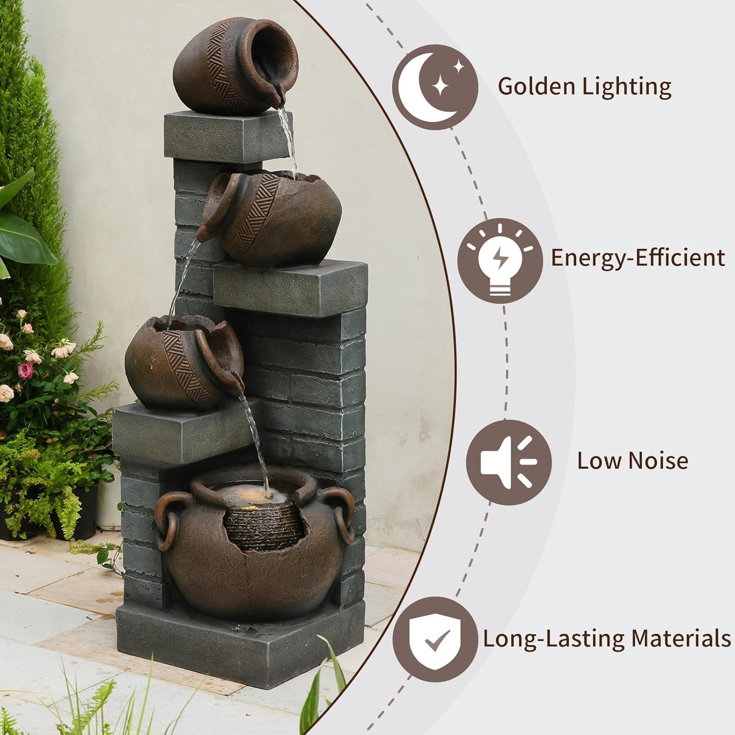Water Fountain Outdoor 4-Tiers Cascading Realistic Bowls Waterfall Clay Pot Design Outdoor Fountain Resin Imitation Wood with LED Lights for Garden, Patio, Porch 42" H