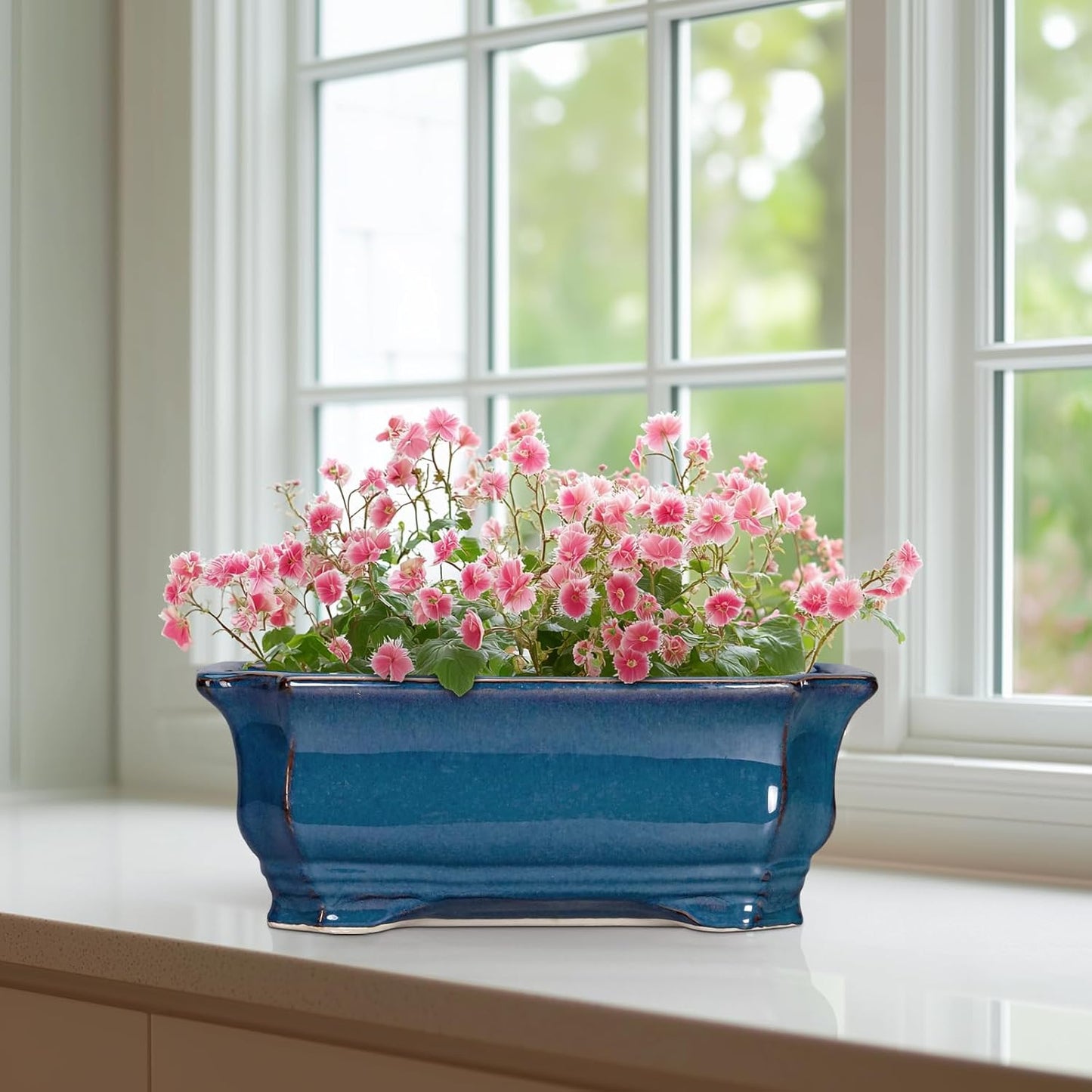 Bonsai Pots 11.6 Inch - Ceramic Succulent Pots with Drainage Hole, Rectangular Planter for Indoor Outdoor, Decorative Ceramic Flower Pot, Home Garden Room Decor, Plant Lover Gifts, Retro Blue