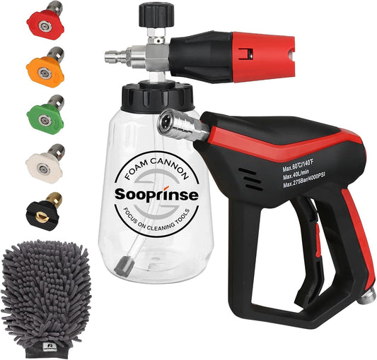 Sooprinse Short Pressure Washer Gun with Foam Cannon, Foam Cannon for Pressure Washer, 1/4 Inch Quick Connector, 5 Nozzle Tips with Car Wash Mitt, 1 Liter