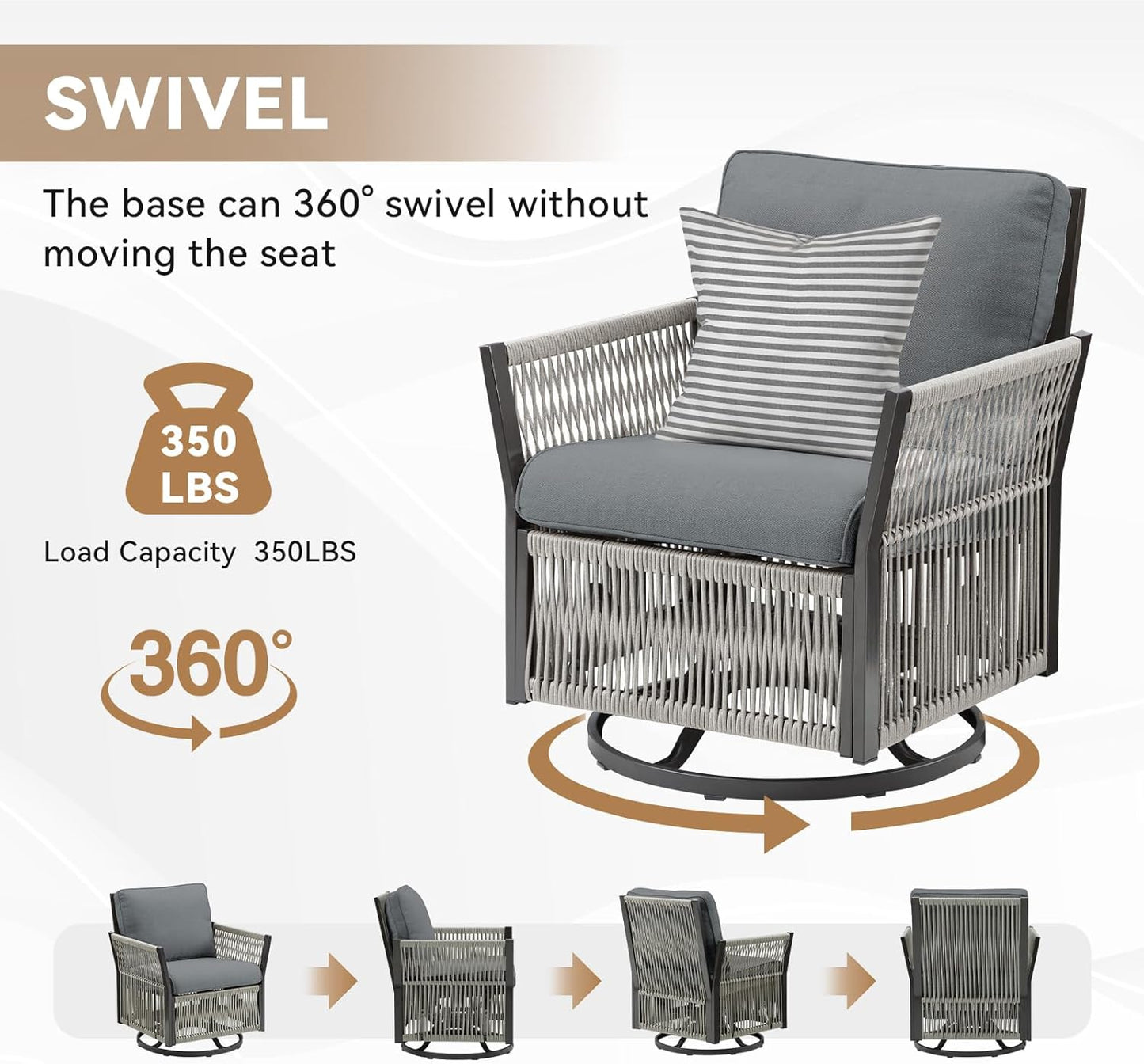 Patio Furniture Wicker Rope Outdoor Conversation Set, 9-Piece All Weather Patio Furniture Rattan Sofa Sets w/Swivel Rocking Chairs & Ottomans, Side Table for Backyard, Balcony, Deck, Gray