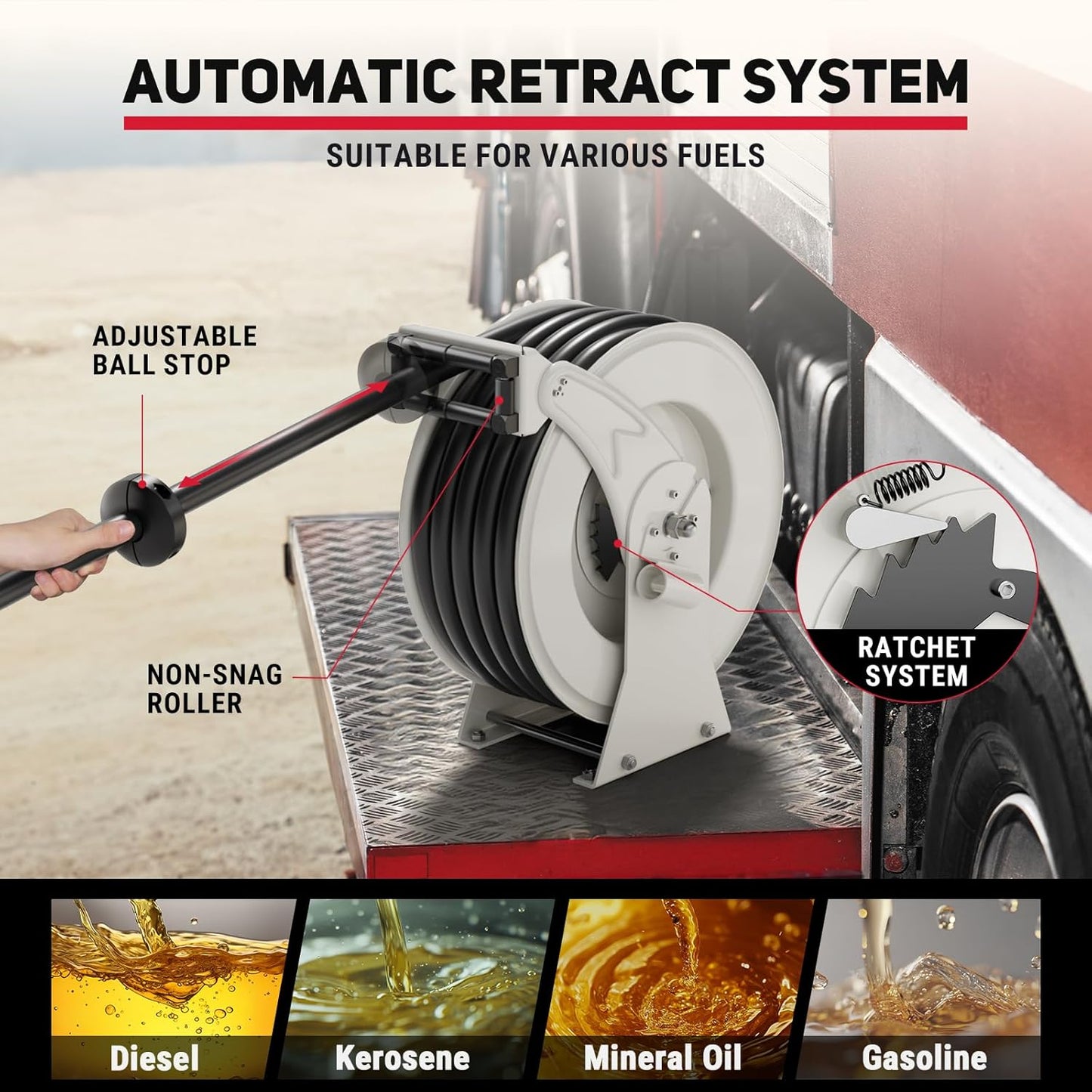 Retractable Fuel Hose Reel, 3/4 in × 66 ft Rubber Hose Heavy Duty Steel Professional Spring Driven Diesel Hose Reel with Fueling Nozzle Max 300PSI Auto Rewind Quick for Ship Vehicle Tank Truck