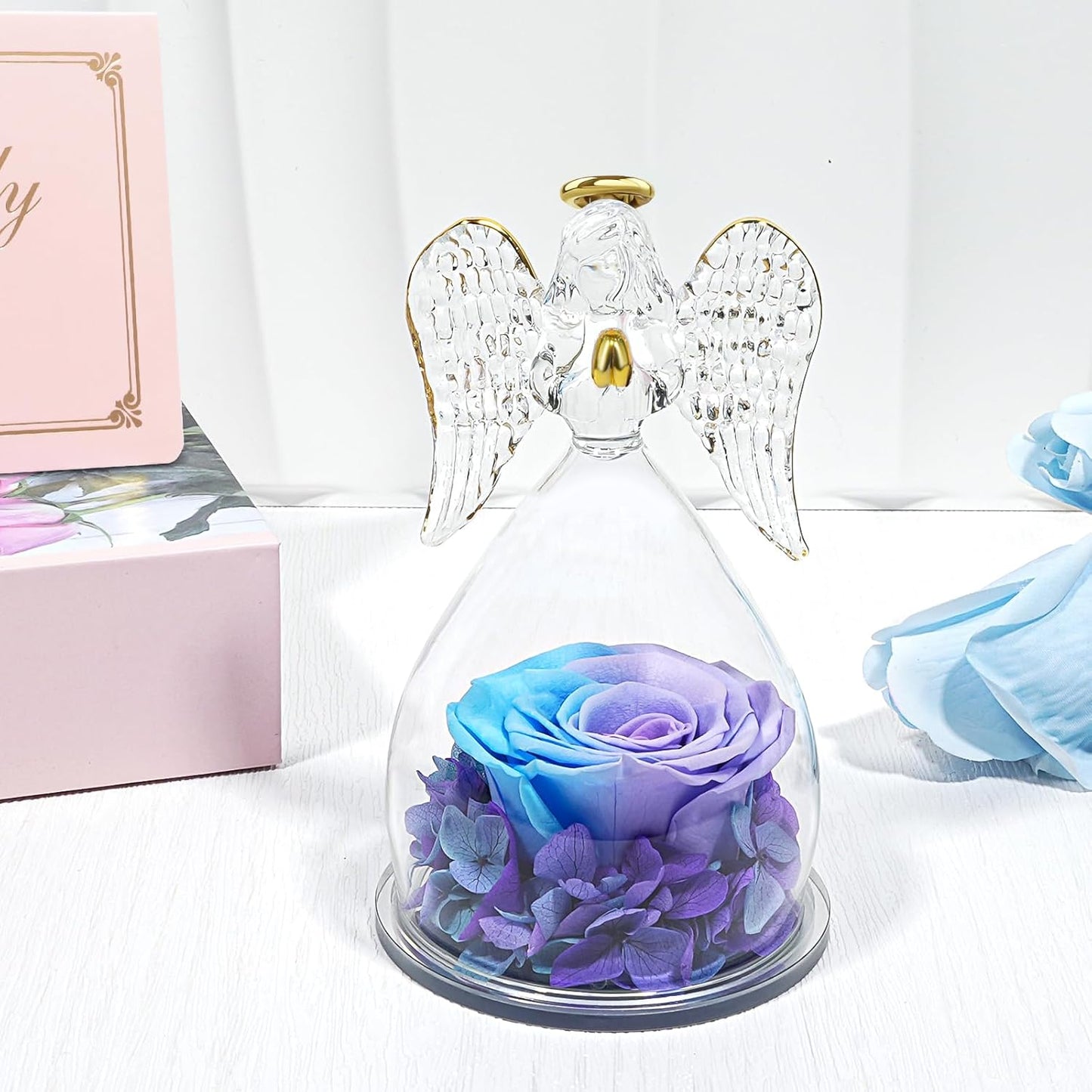 Yamonic Gifts for Mom Birthday,Angel Figurines with Real Rose Gifts for Her Mom Grandma,Preserved Flower Rose for Valentines Day Mothers Day Christmas Anniversary Birthday Gifts for Women(Blue-purple)