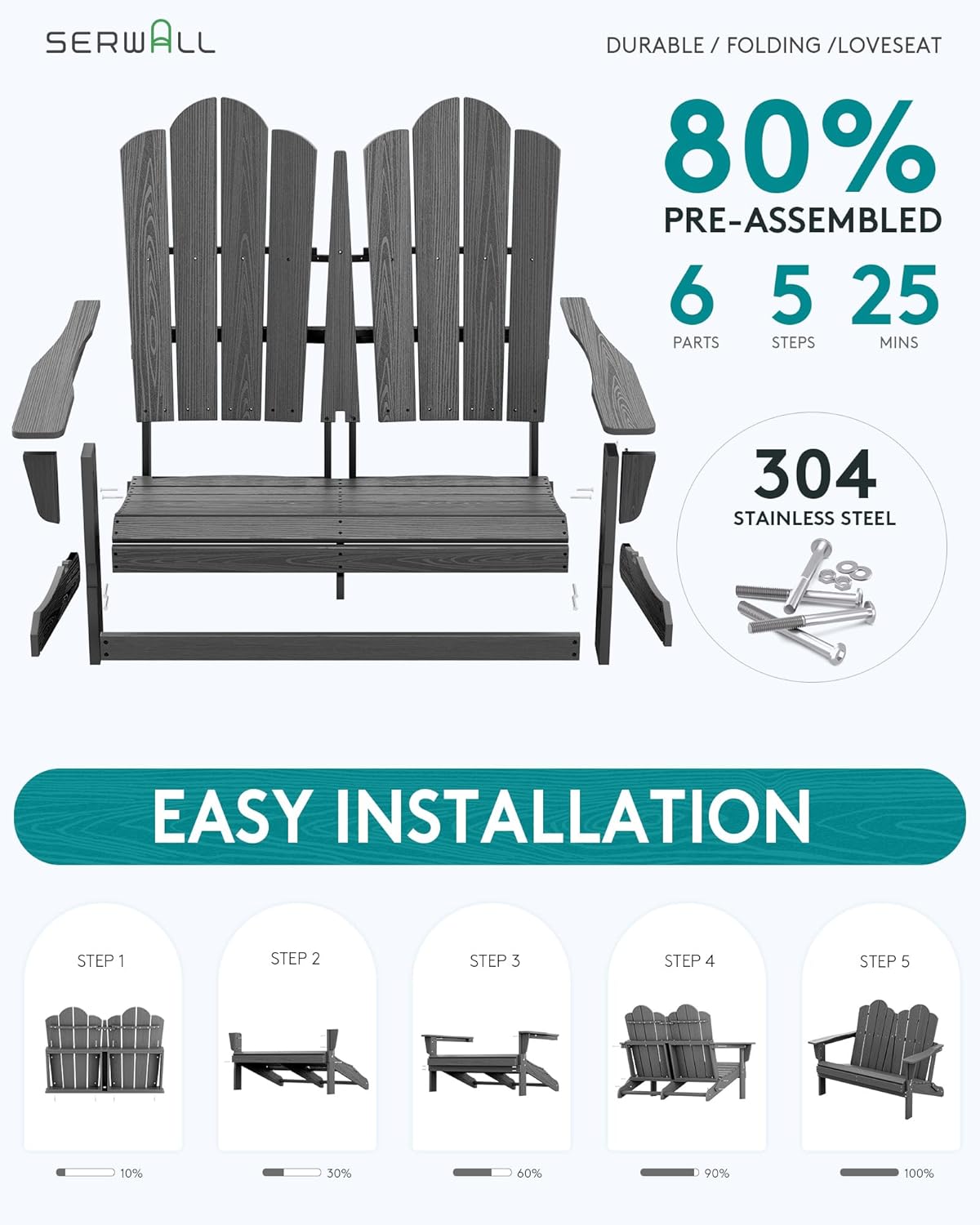 SERWALL Folding Adirondack Bench, HDPE All-Weather Adirondack Loveseat Set of 2, Grey
