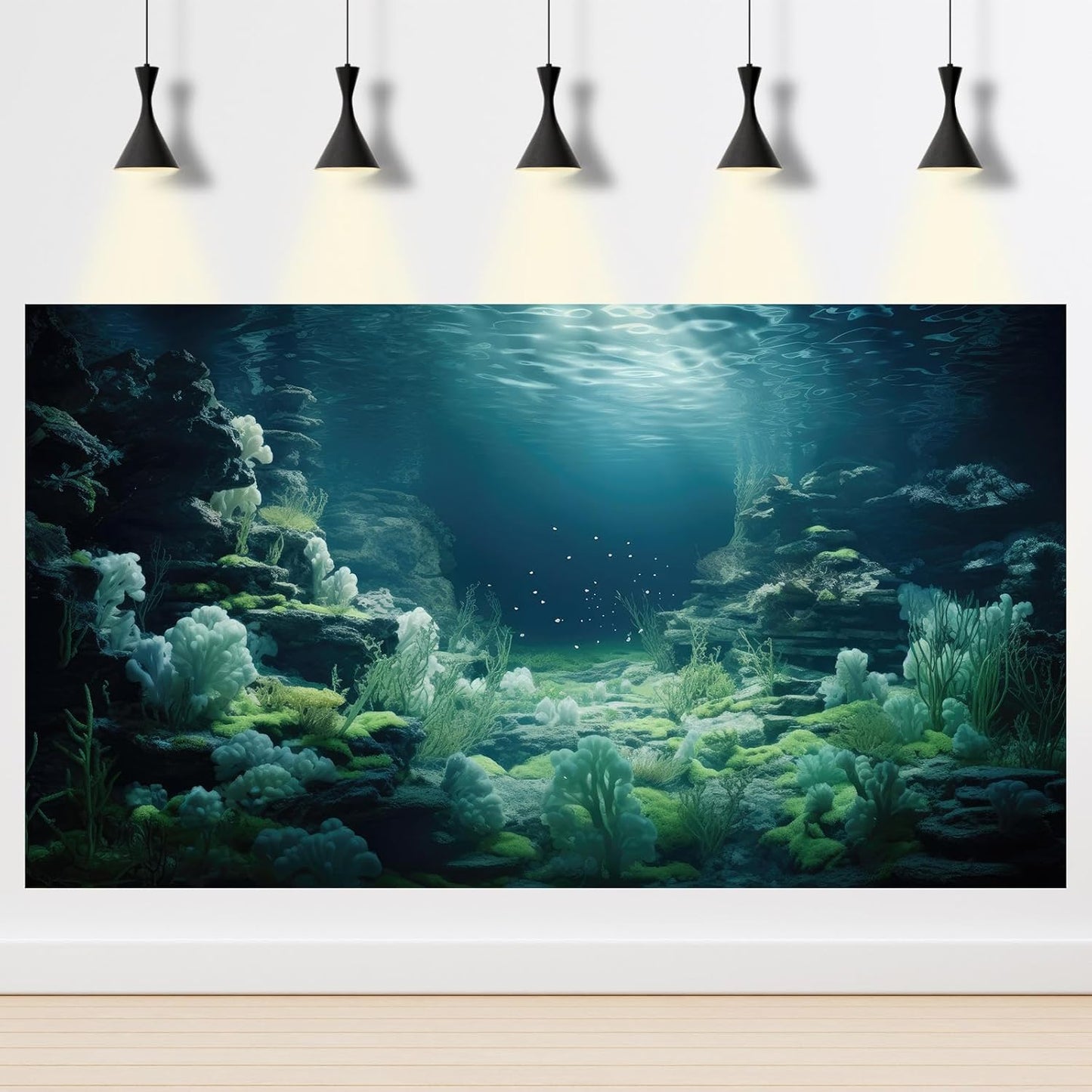 Aquarium Background Underwater Bioluminescent Life Coral Terrarium Backdrop White Coral Lush Moss Fish Tank Background Rock Sunlight Rays Tank Aquarium Wallpaper Poster Vinyl 60x24in