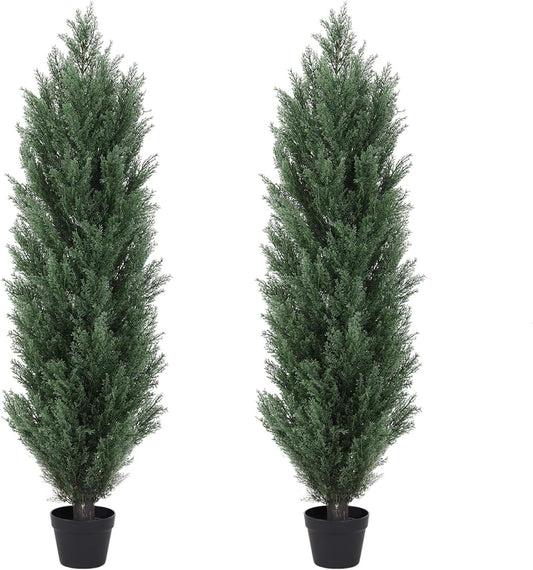 THE BLOOM TIMES 4ft Topiary Trees Artificial Outdoor 2 Pack – UV Resistant Faux Cedar Pine Cypress Bushes and Shrubs, Fake Potted Plants for Front Porch Outside Planter Patio Decor, Set of 2 (4 Foot)