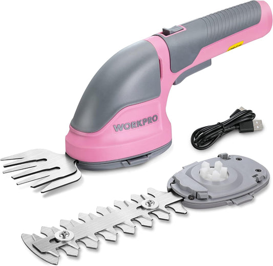 WORKPRO Cordless Grass Shear & Shrubbery Trimmer - 2 in 1 Handheld Hedge Trimmer Electric Grass Trimmer Hedge Shears/Grass Cutter Rechargeable Lithium-Ion Battery and Type-C Cable Included Pink Ribbon