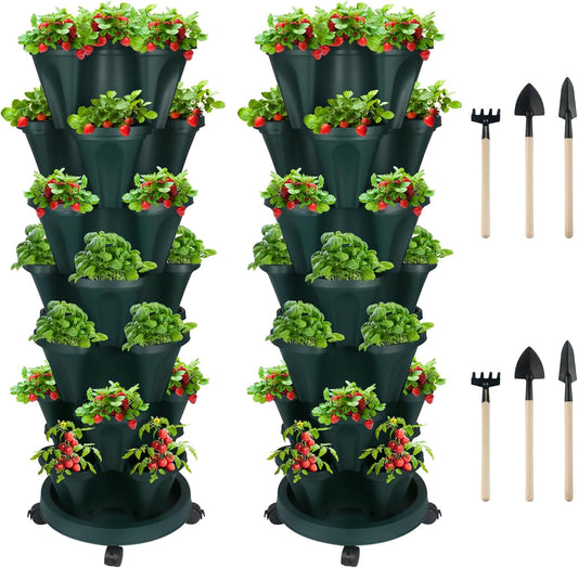 Vertical Planter 7 Tier Stackable Planters Garden Planters Strawberry Herb Flower and Vegetable Planter Indoor Outdoor Gardening Pots with Removable Wheels and Tools 2-Pack