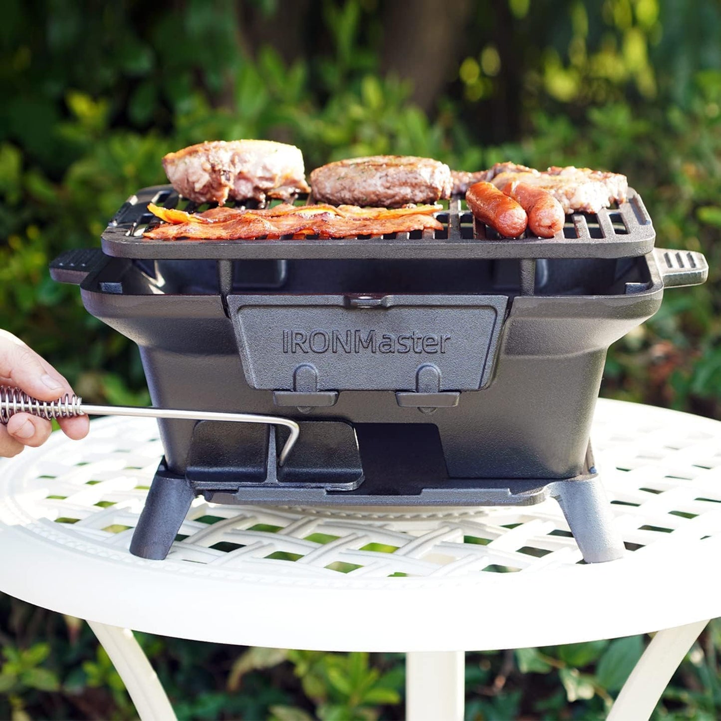 IronMaster Hibachi Grill Outdoor, Small Portable Charcoal Grill, 100% Pre-Seasoned Cast Iron, Japanese Yakitori Camping Grill - 2 Heights, Air Control, Coal Door + Carrying case