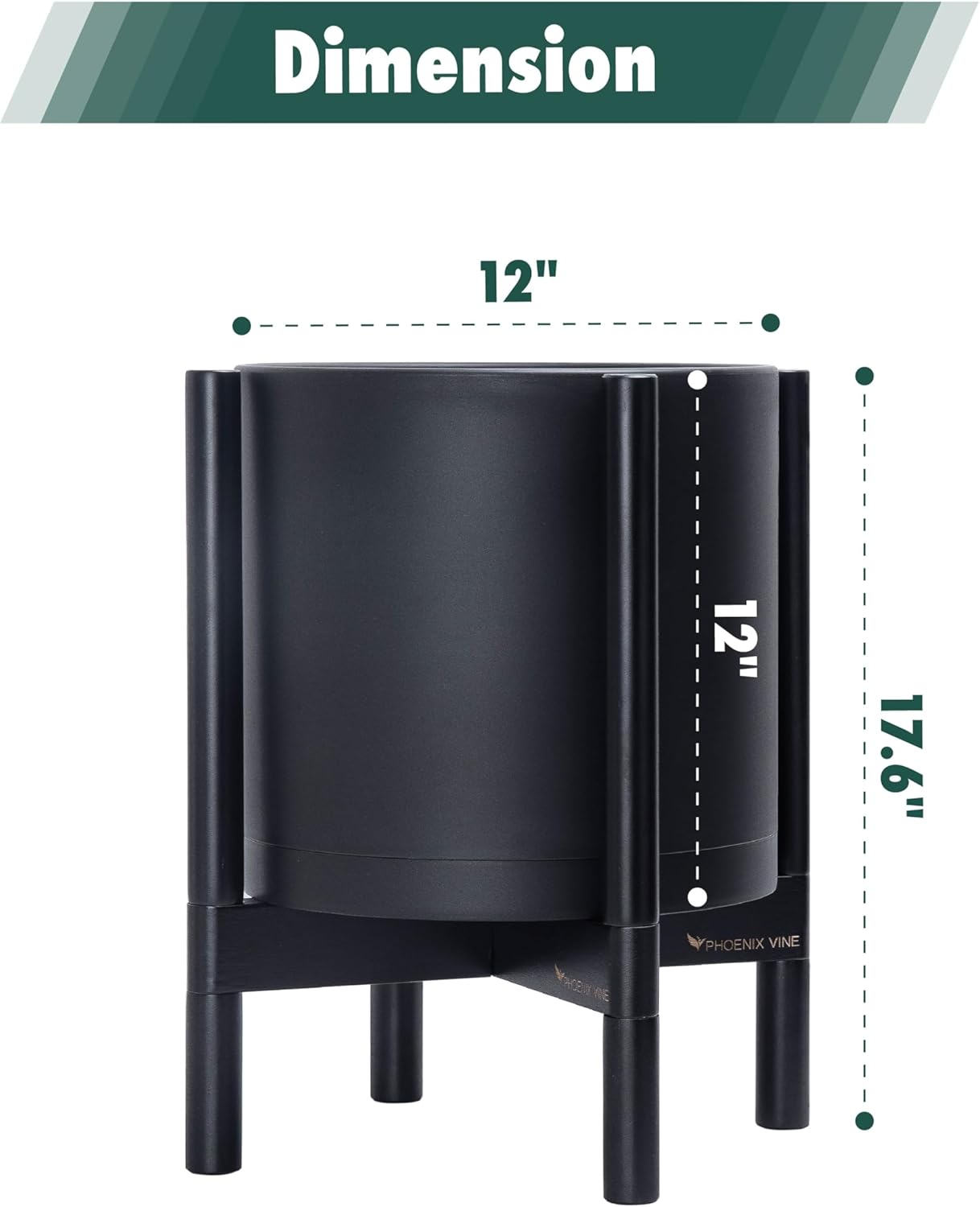 D'vine Dev Planter Pot with Stand - 12 Inch Plastic Cylinder Flower Pot with Wood Planter Holder for Indoor, Matte Black Pot + Ebony Stand, 55-C-Q-2