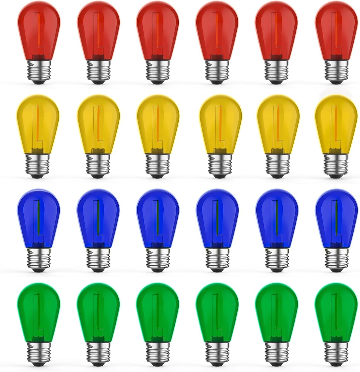 24 Pack LED S14 Colored Light Bulbs for Outdoor String Lights, Shatterproof 1W Replacement Bulbs for Patio Lights, Dimmable, 2200K Warm White, E26 Base, Multi-Color: Red/Blue/Yellow/Green