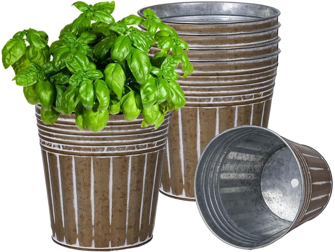 vensovo 6 Inch Brown Metal Rustic Flower Pots - 6Pcs Galvanized Planters with Drainage Hole and Rubber Plug, Rustproof Small Metal Bucket Plant Pots Farmhouse Vintage Style for Decor