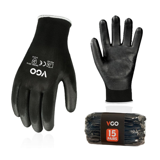 Vgo... 15-Pairs Safety Work Gloves, Gardening Gloves, Polyurethane Coated, Dipping Gloves, Latex Free (Size XL, Black, PU2103)
