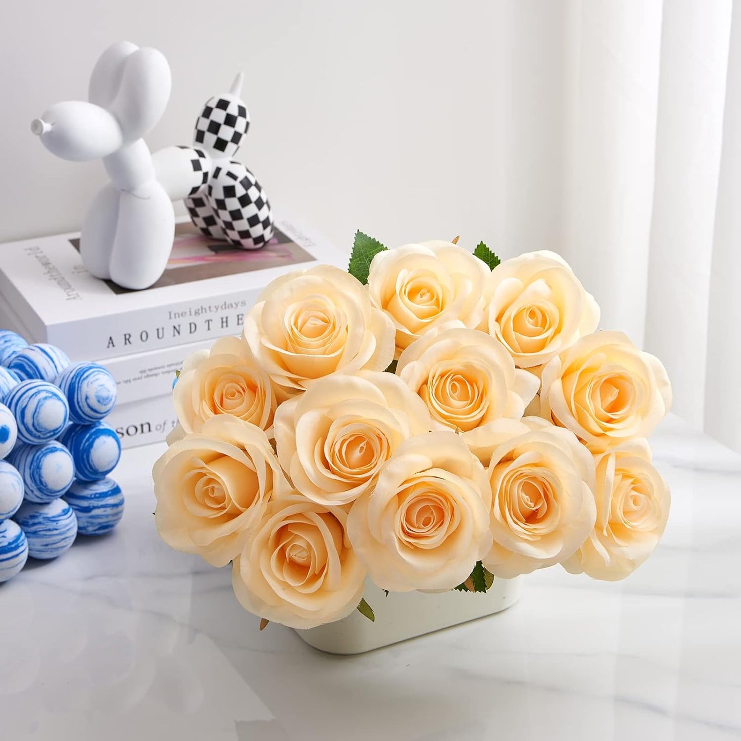 12pcs Champagne Roses Artificial Silk Flowers Faux Flowers with Long Stems for Wedding Decor Home Decor Baby Shower Party Centerpieces Decorations