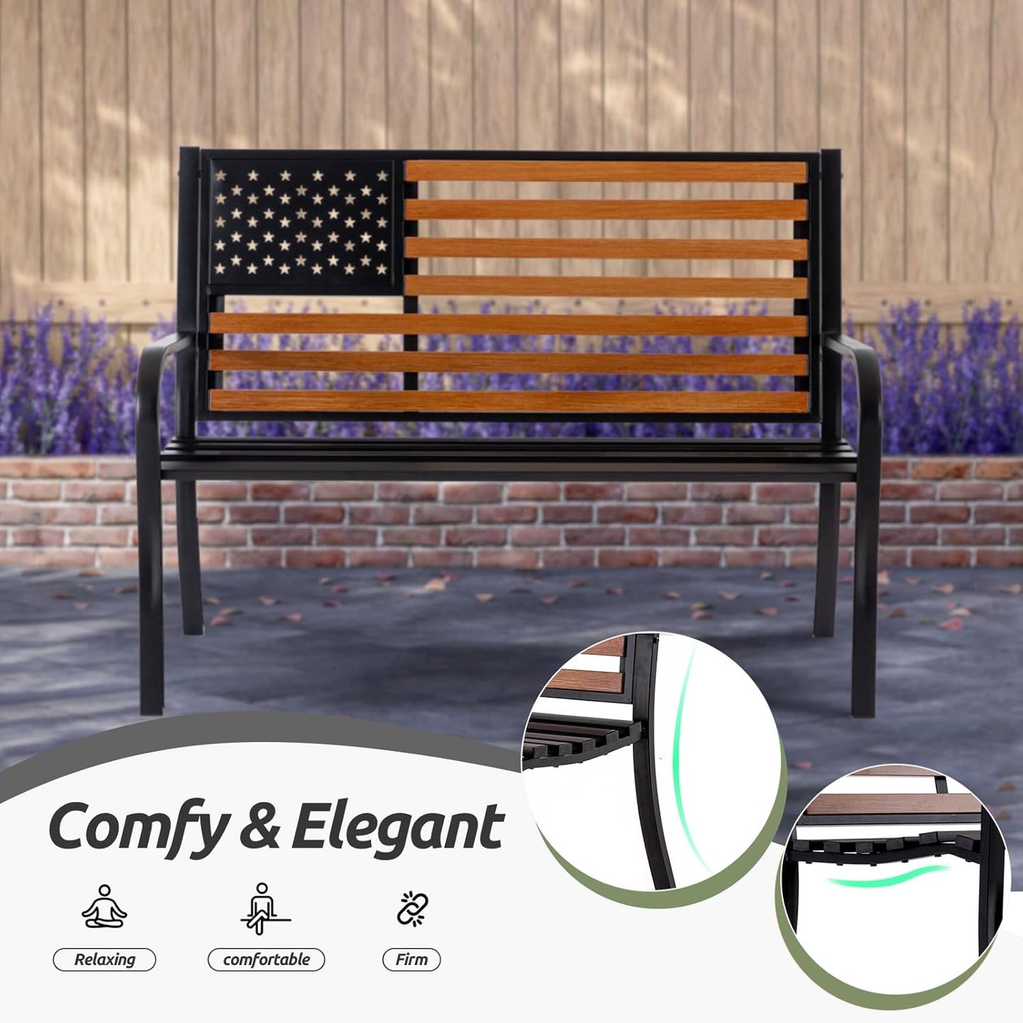 𝐀𝐭𝐭𝐥𝐢𝐚𝐬𝐚𝐥𝐨𝐧 50” Outdoor Bench Garden Bench with American Flag Style, Sturdy Cast Iron Metal Frame Patio Park Bench for Porch Yard Lawn Deck Park
