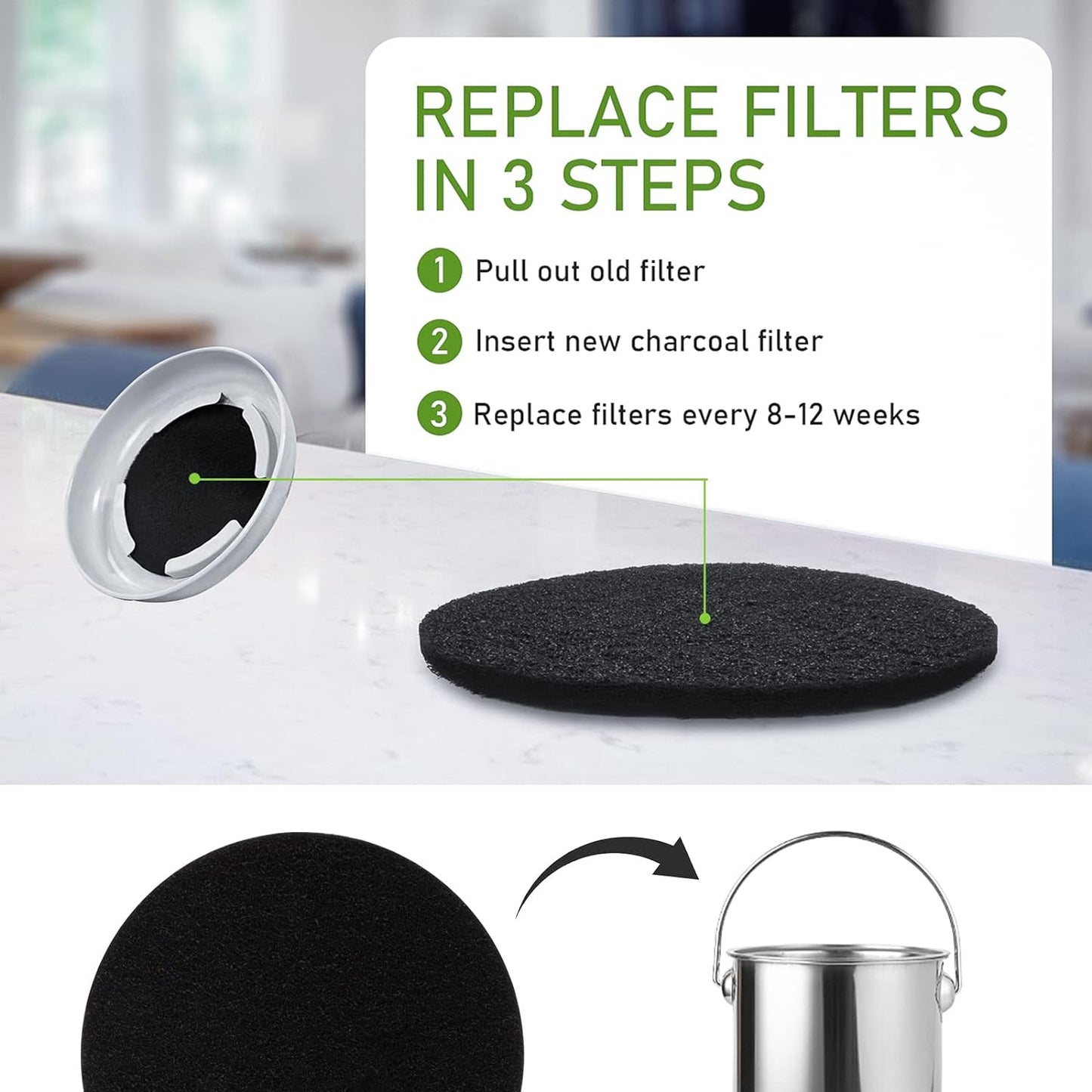 Charcoal Filters for Kitchen Compost Bin, 10 Pack Compost Filters for Countertop Bin Pail Replacement, Activated Charcoal Home Bucket Refill Sets, Round 6.7 Inch