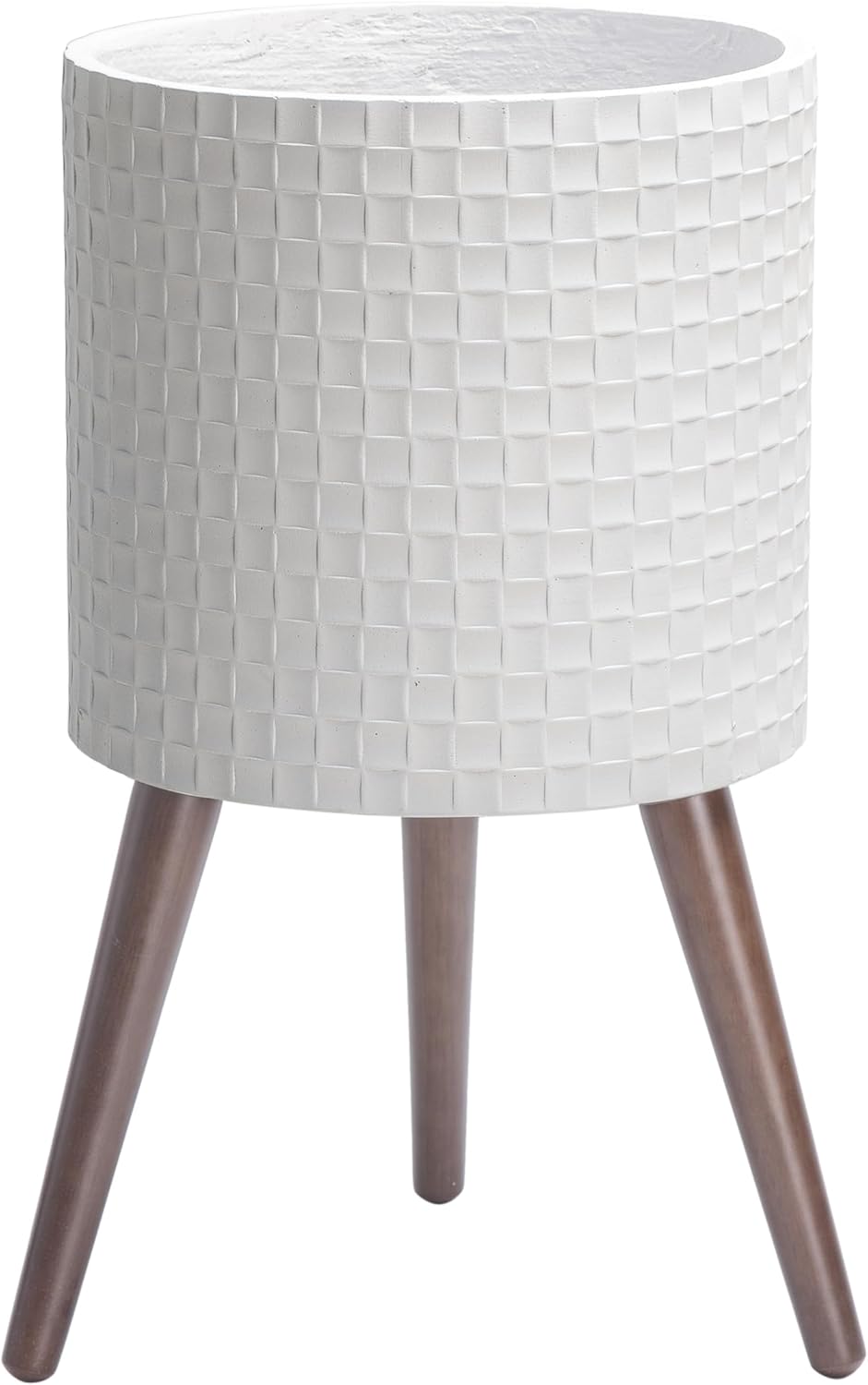 D'vine Dev 12 Inch Modern Geometric Tile Patterned Sleek Planter Pot with Stand, Indoor Outdoor Decorative Plant Holder, Matte White, 88-Z-C-1