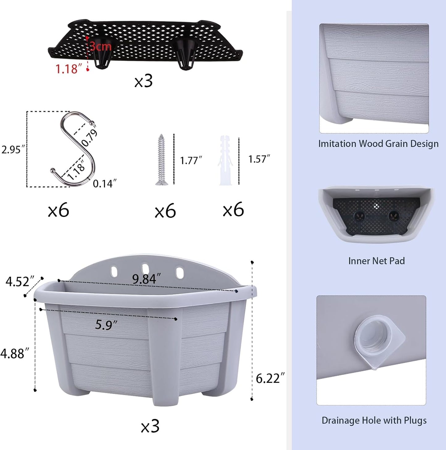 summer flower 3Pcs Hanging Plant Pots,Hanging Flower Pot with Detachable Hooks,9.84" Wall Planters for Balcony Decor Garden Yard(Gray)