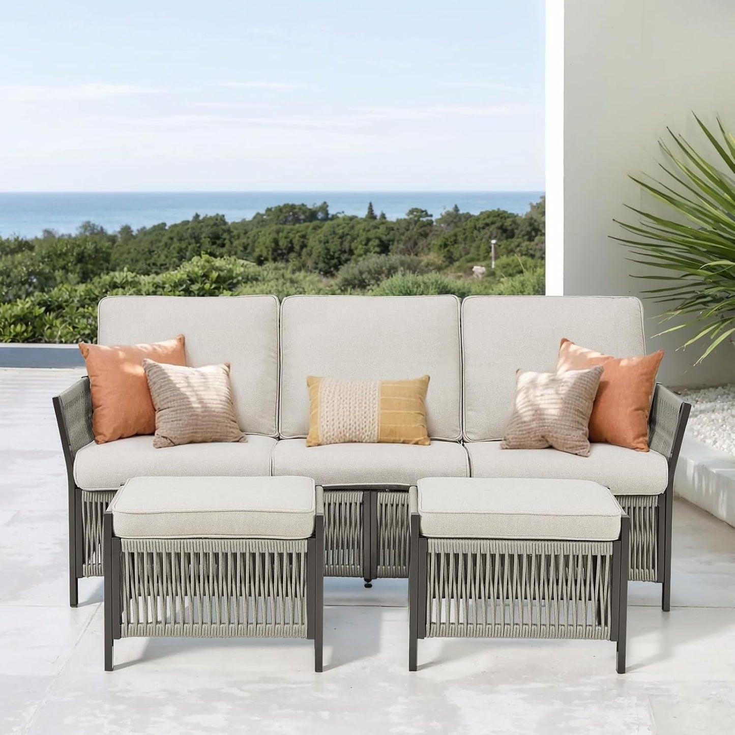 3 Pieces Patio Furniture Set, Outdoor Sectional Wicker Patio Couch with Ottoman & Washable Cushions All-Weather PE Rattan Patio 3-Seating Sofas for Garden, Porch, Backyard - Beige