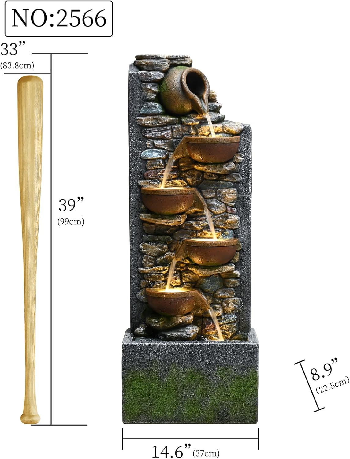 39" Outdoor Garden Water Fountain with Lights 5 Tiers Cascading Large Waterfall Floor Standing Fountain for Patio, Backyard, Deck, Porch and Home Art Decor
