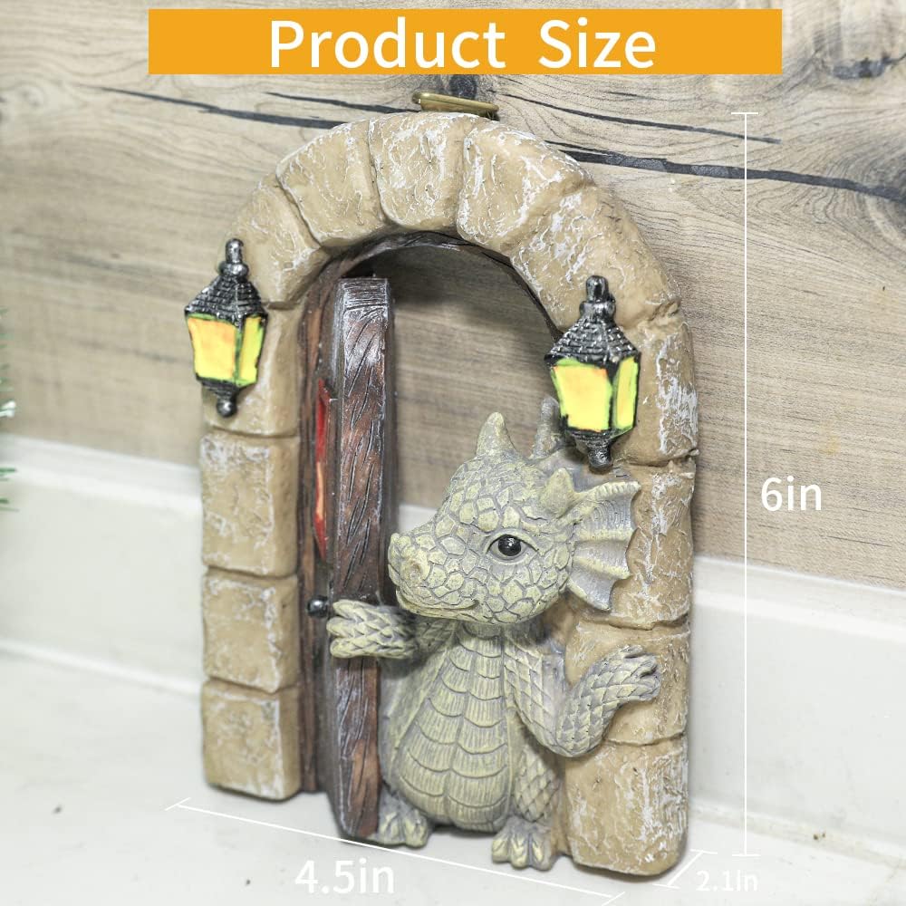 Dragon Garden Ornament Resin Craft Ornament Statue Fairy Door Yard Art Outdoor and Garden Solar Light Luminous Sand Open Door Dragon Wall Statue Outdoors Decor (Open The Door)