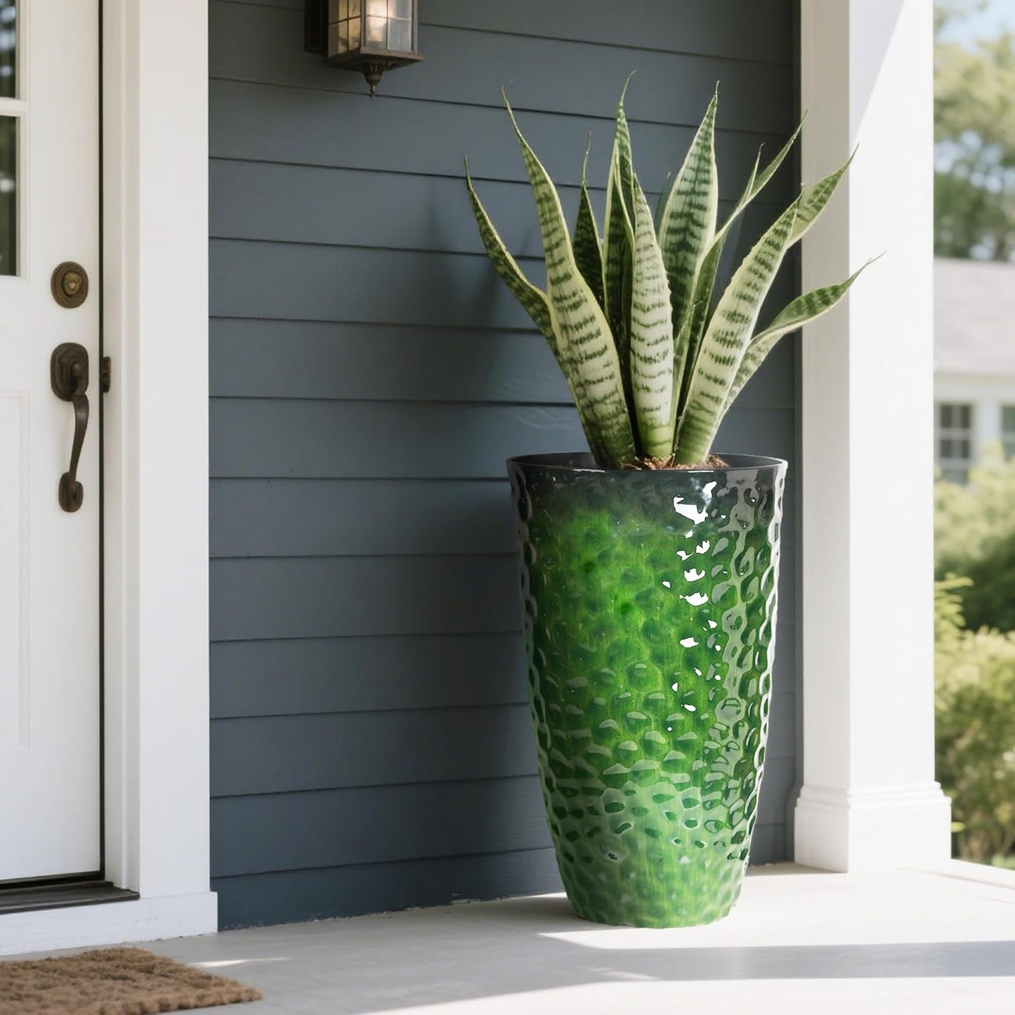 Worth Garden 14" Dia x 24" H Large Plastic Planters with Drainage Hole, Set of 2 Hammered Texture Green Glossy Smooth Finish, Tall Round Decorative Flower Plant Pot for Indoor Outdoor, Front Porch