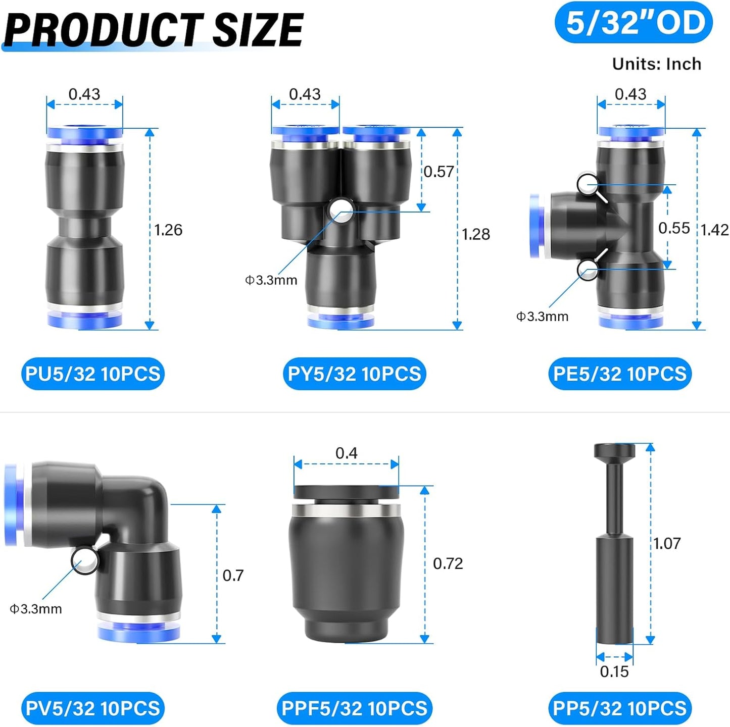 TAILONZ PNEUMATIC 5/32 Inch od Push to Connect Fittings Pneumatic Fittings Kit 10 Spliters+10 Elbows+10 tee+10 Straight+10 PPF+10 PP (60 pcs)