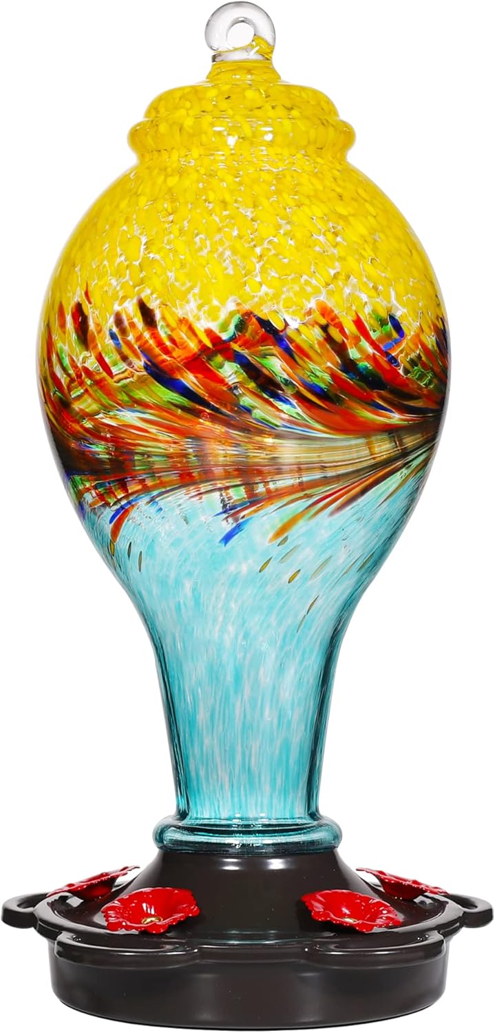 LUJII Hand Blown Glass Hummingbird Feeder for Outdoors with Ant Moat, Leak Proof & Rustproof, 25 fl.oz, Metal Base Cover with 5 Feeding Ports & Perches, Glass Art for Garden Decor (Blue Mixed Yellow)