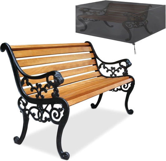Outdoor Park Garden Bench with Cover, 2-3 Person Wood Patio Bench with Backrest+Armrests Weatherproof, Patio Porch Furniture Cast Iron Frame Bench for Lawn Porch Backyard(Teak+Black)