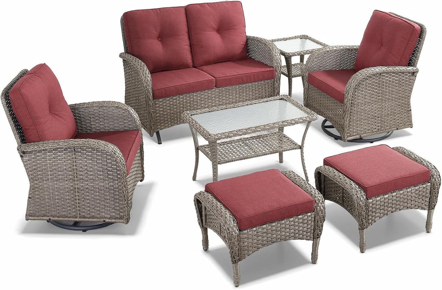 HUMMUH 7 Pieces Wicker Patio Conversation Set Outdoor Glider Loveseat with Patio Swivel Rocking Chairs Outdoor Patio Set for Deck Lawn Porch Balcony Poolside-Grey/Red