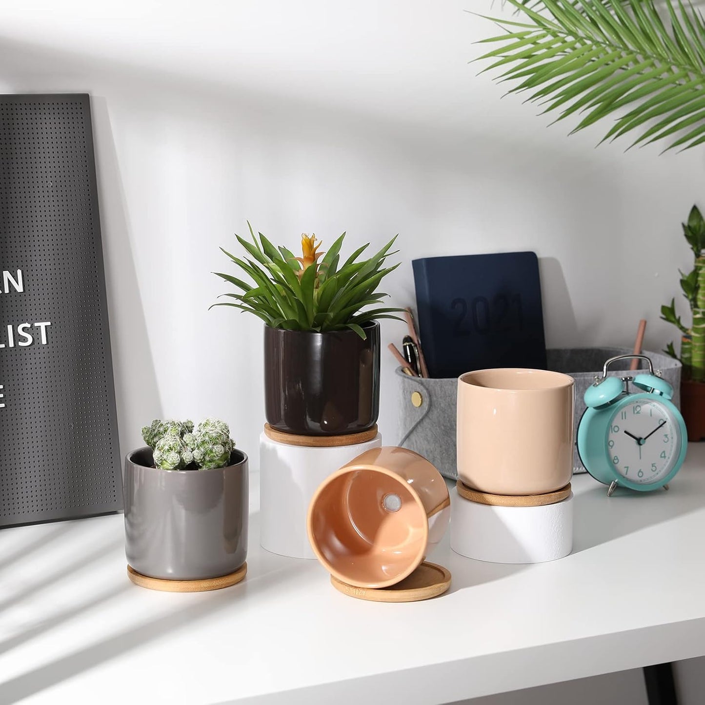 OMAYKEY 4 Inch Ceramic Plant Pot with Saucer, Multicolor Bright Glazed Planters Pots with Drainage Hole and Mesh Pads for Succulent, Indoor Flowers, Snake Plants, Cactus, Herbs, Set of 4