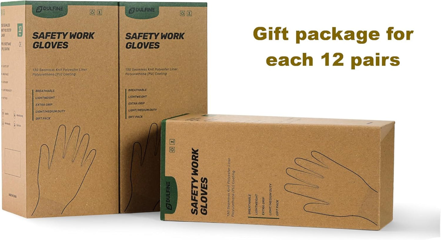 DULFINE Safety Work Gloves PU Coated for Men and Women-12 Pairs,Red Seamless Knit Glove with Two Fingers Touchscreen,Ideal for General Duty Work (Extra Large)