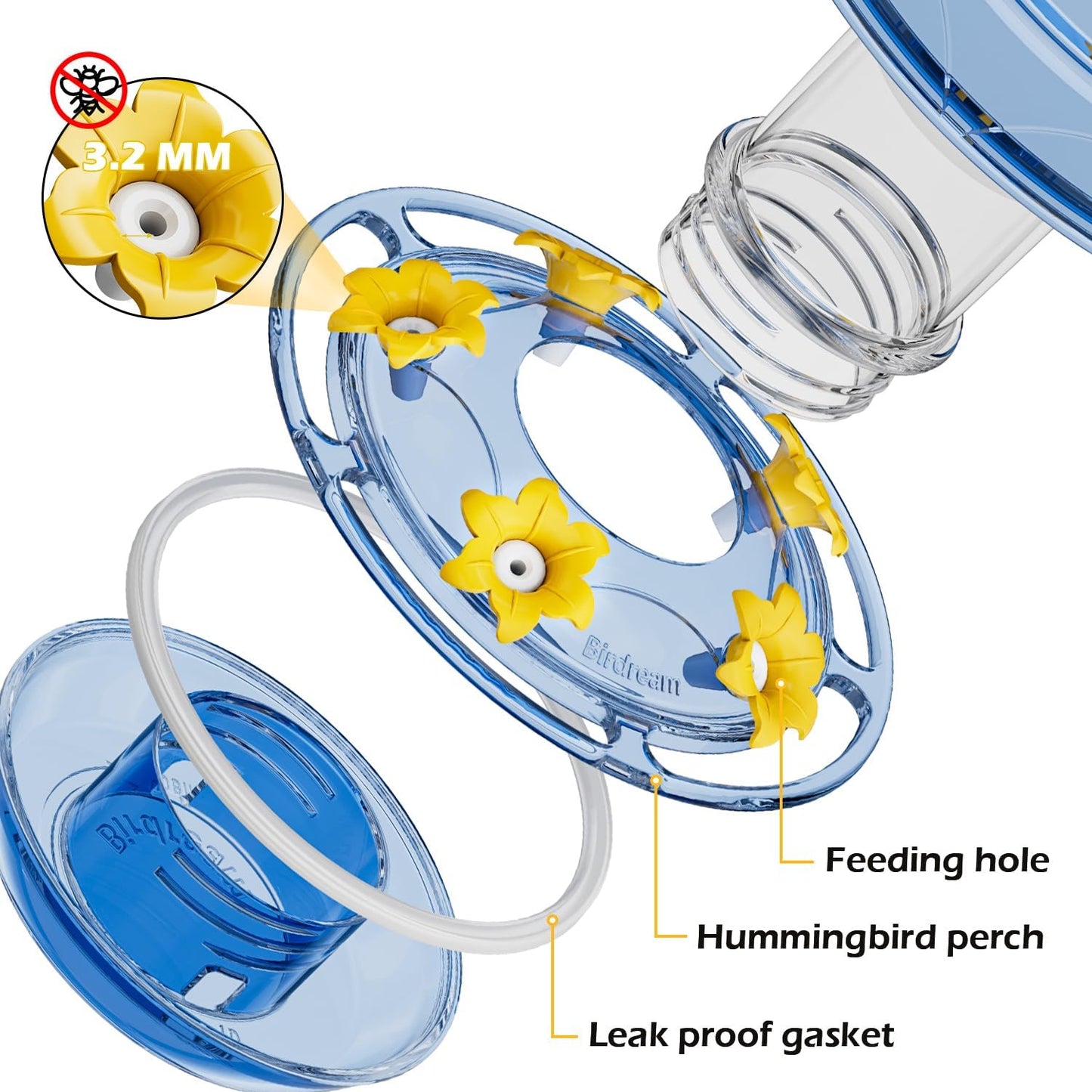 Birdream Hummingbird Feeder for Outdoors Hanging, 20oz Hummingbird Feeders with 5 Bee Guard Feeding Ports & Built-in Ant Moat Brush Leak-Proof for Outside Gifts for Women - Blue