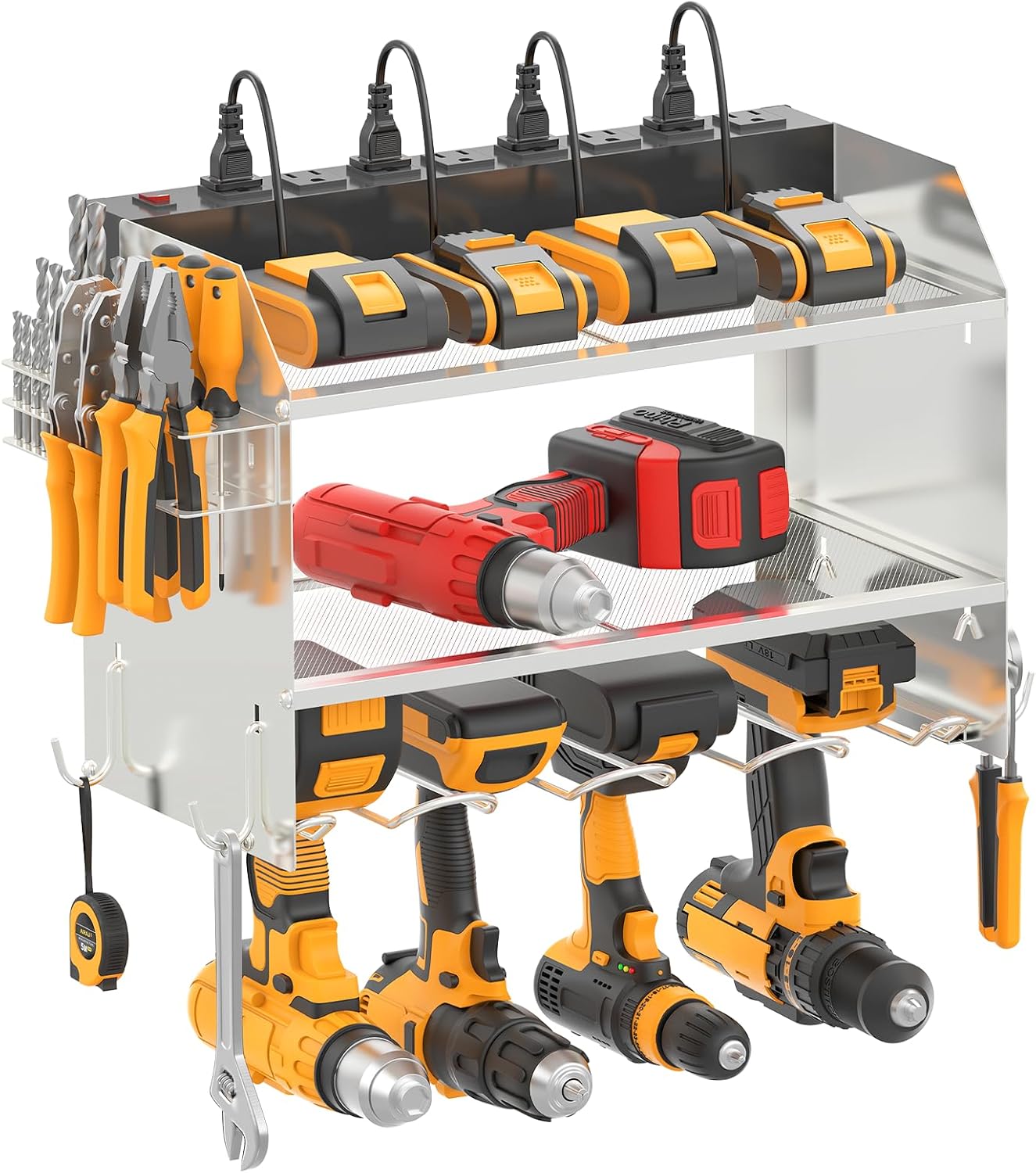 CCCEI Modular Power Tool Organizer Wall Mount with Charging Station. Garage 4 Drill Storage Shelf with Hooks, Drill Bit Heavy Duty Rack, Silver Tool Battery Holder Built in 8 Outlet Power Strip.