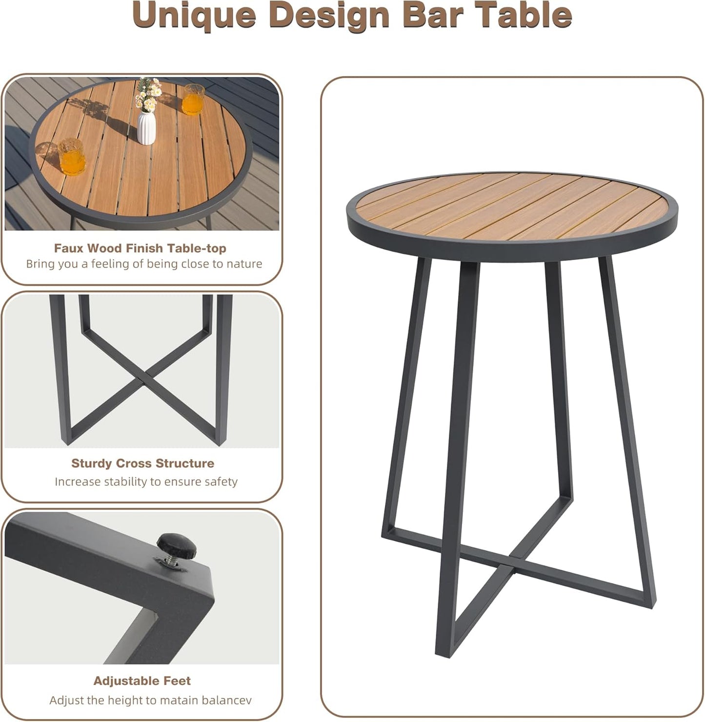 3 Piece Bar Height Patio Table and Chairs Set, High Top Bistro Set with Fauxwood Armrest, Outdoor Bar Stools and Table Sets for Garden, Backyard, Home, Balcony