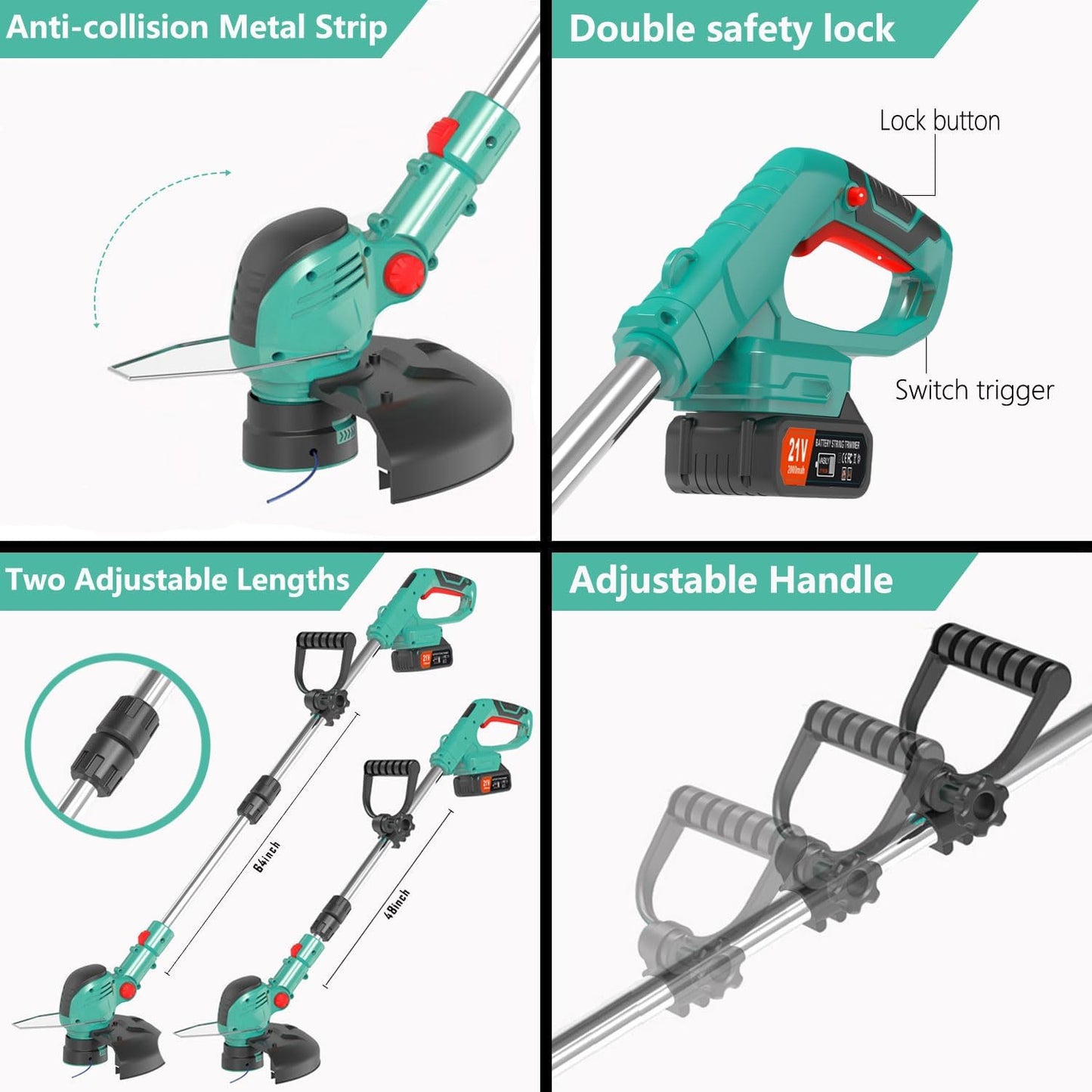 Electric Weed Wacker Cordless,21V Electric Weed Cordless Eater Battery Powered with 2 x 4.0Ah Batteries, 3-in-1 Grass Trimmer/Edger/Brush Cutter, String Trimmer, Adjustable Shaft
