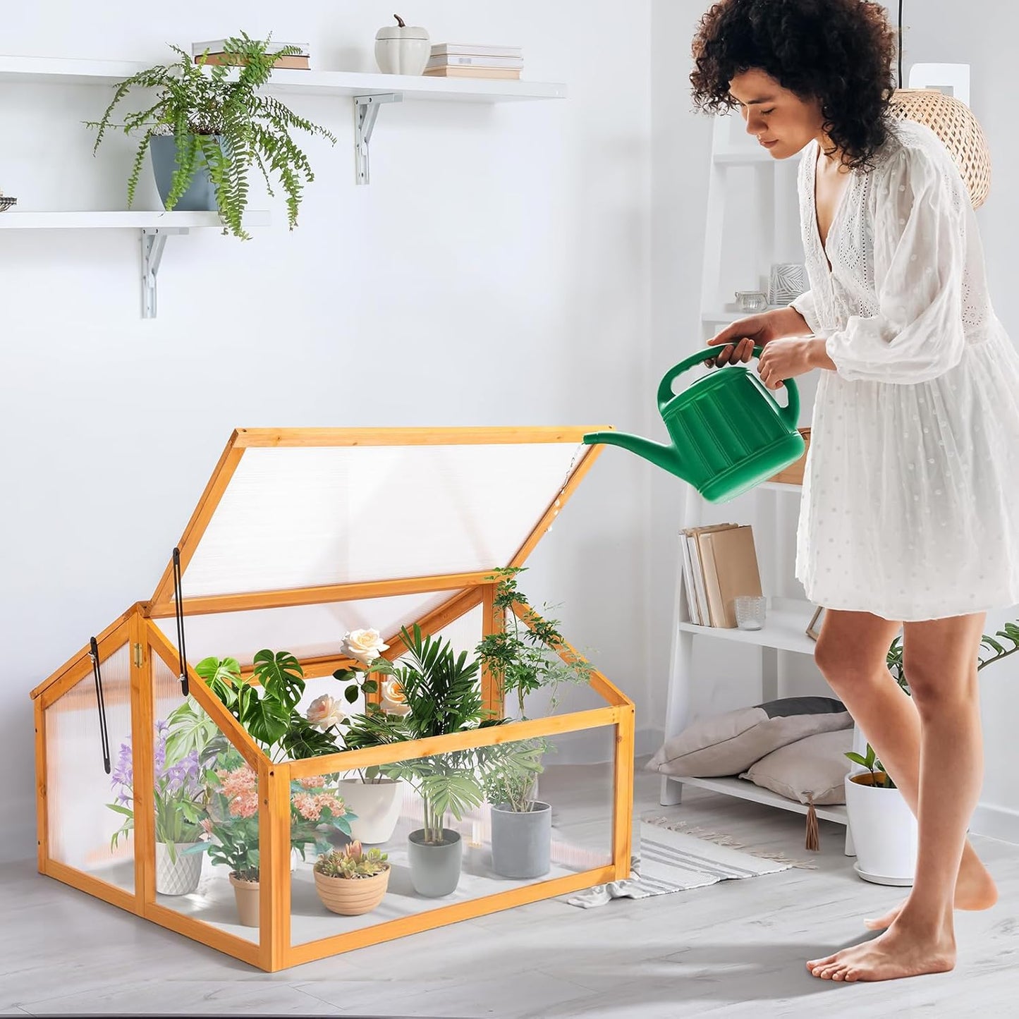 VINGLI Cold Frame Greenhouse, Mini Wooden Green House with Flip-Top Roof, Raised Flower Planter Shelf, Small Lockable Wood Cabinet for Plants Indoor Outdoor (Yellow, 35.43" x 30.71" x 23.23")