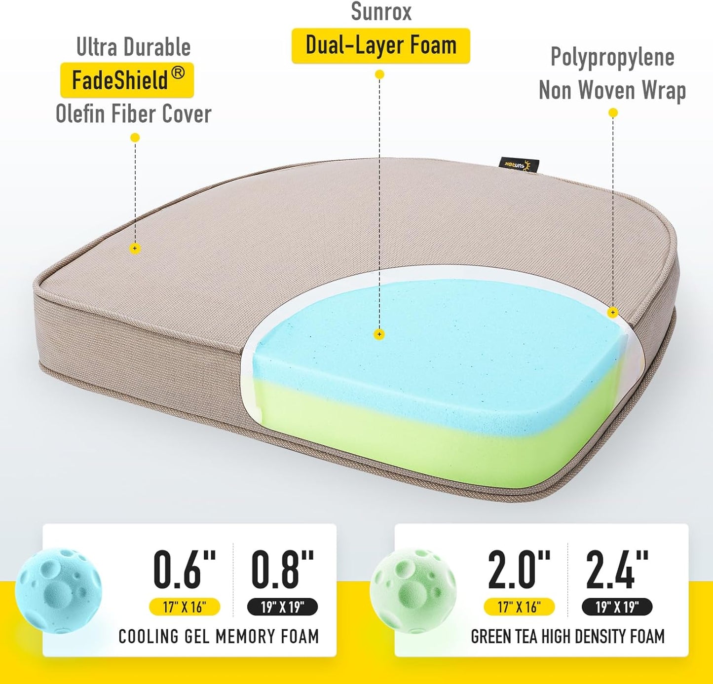 SUNROX Gel Memory Foam Chair Cushions, FadeShield Water-, Stain-Resistant Durable Reversible Seat Cushion Pads with Ties for Indoor/Outdoor Kitchen Dining Office, 19"x19", Set of 4, Husk Birch