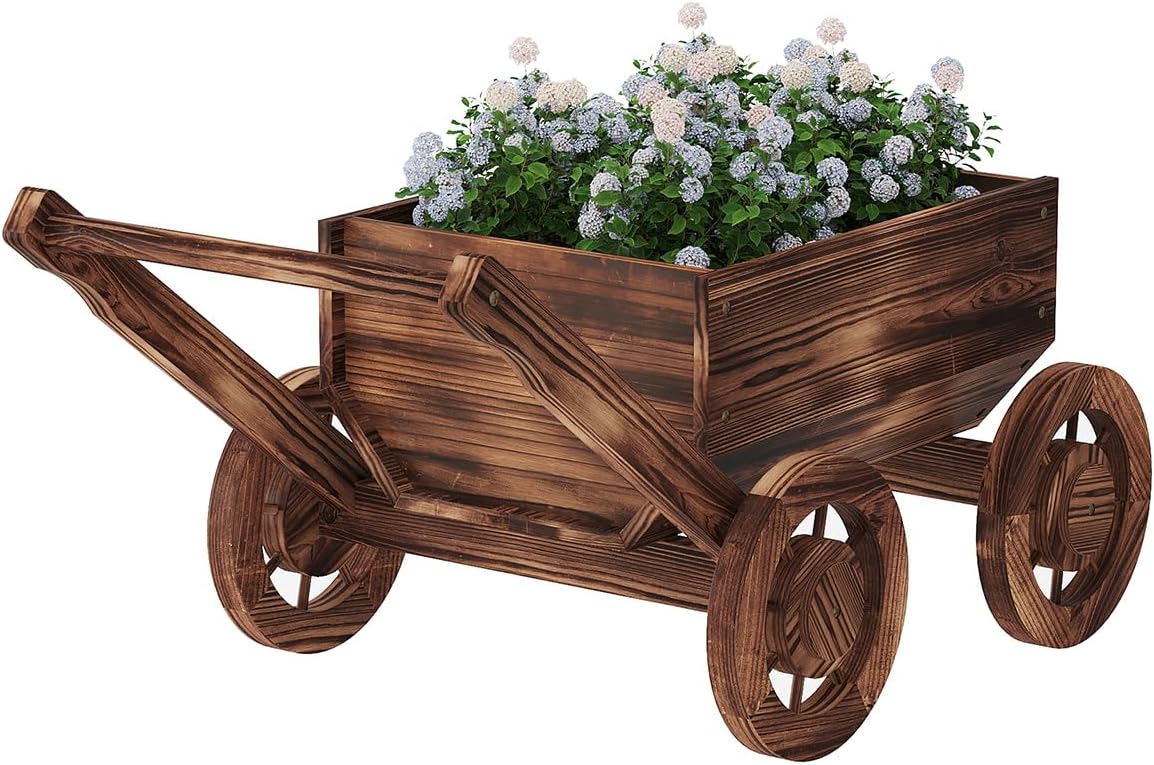 Wooden Flower Cart with Wheels Wooden Wagon Planter Outdoor Garden Planter Decor Planter for Patio Balcony Trolley Decoration Succulent Flower Pot, Indoor Backyard Balcon Decor.（S）