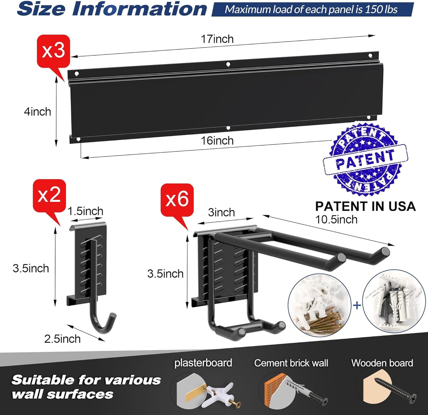 Storaboks Heavy Duty Garage Storage Rack System, Wall Mounted Tool Organizer with 8 Double Hooks, 3 Rails, Garden Yard Tools Hanger for Ski Gears, Broom, Rake, Shovel