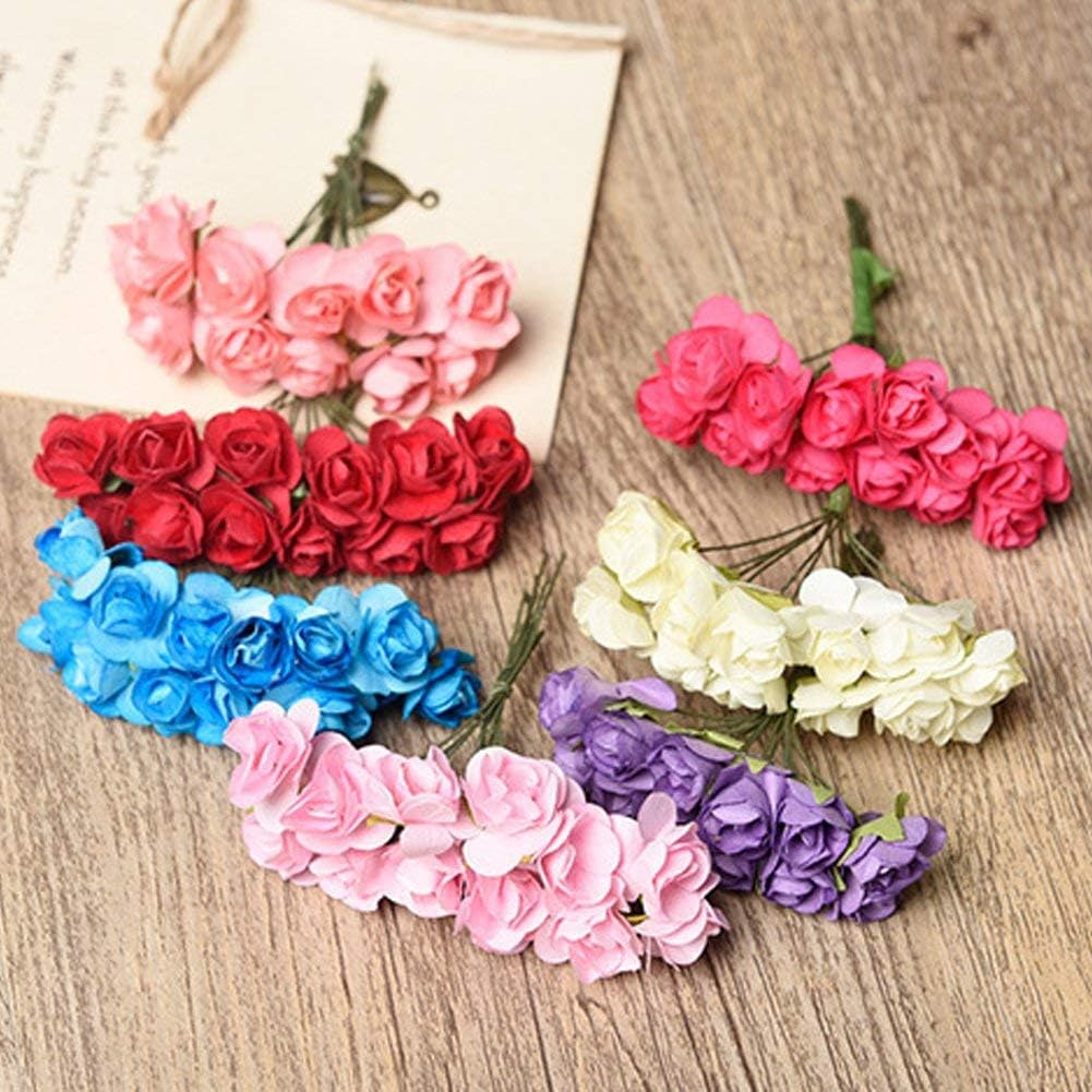 Mini Fake Rose Flower Heads 144pcs Mini Artificial Mulberry Paper Roses Flower with Wire Stem DIY Wedding Flowers Accessories Make Bridal Hair Clips Headbands Dress (Hot Pink)