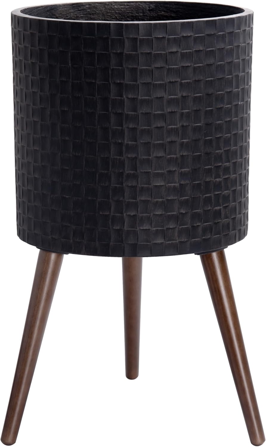 D'vine Dev 14 Inch Modern Geometric Tile Patterned Sleek Planter Pot with Stand, Indoor Outdoor Decorative Plant Holder, Distressed Black, 88-Z-D-5