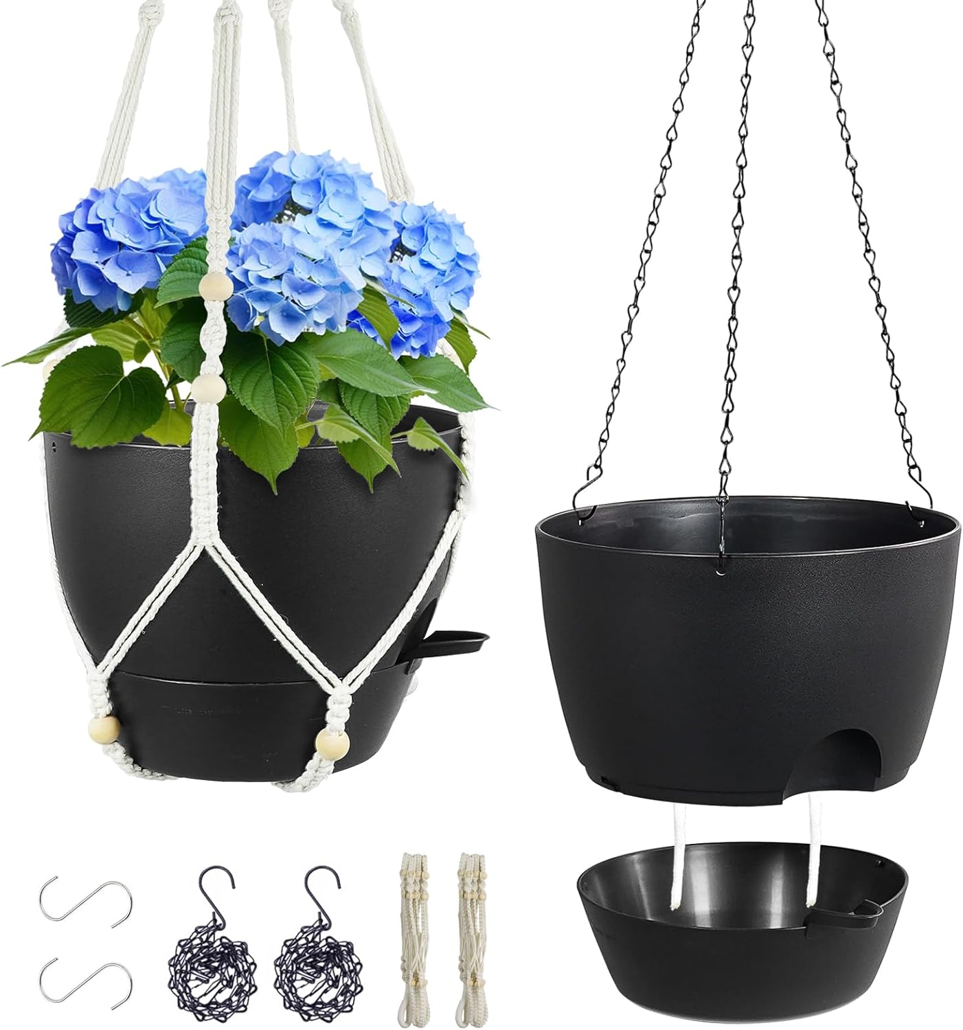 10 inch Self Watering Hanging Planters, 2 Pack Hanging Baskets for Indoor Outdoor Plants, Hanging Flower Pots with Drainage Holes & 2 Kinds of Plant Hangers for Garden Home Decor, Black