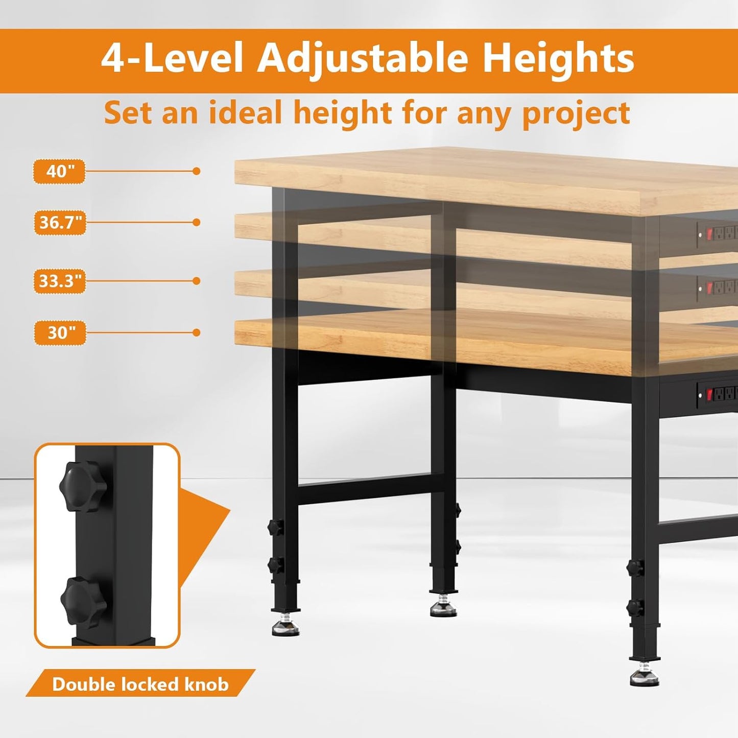 48" Work Bench, Adjustable Height Workbench with Rubber Pad, Heavy-Duty Solid Wood Work Table with Power Outlets, 2000 LBS Capacity Workstation for Garage, Workshop, Office, Home