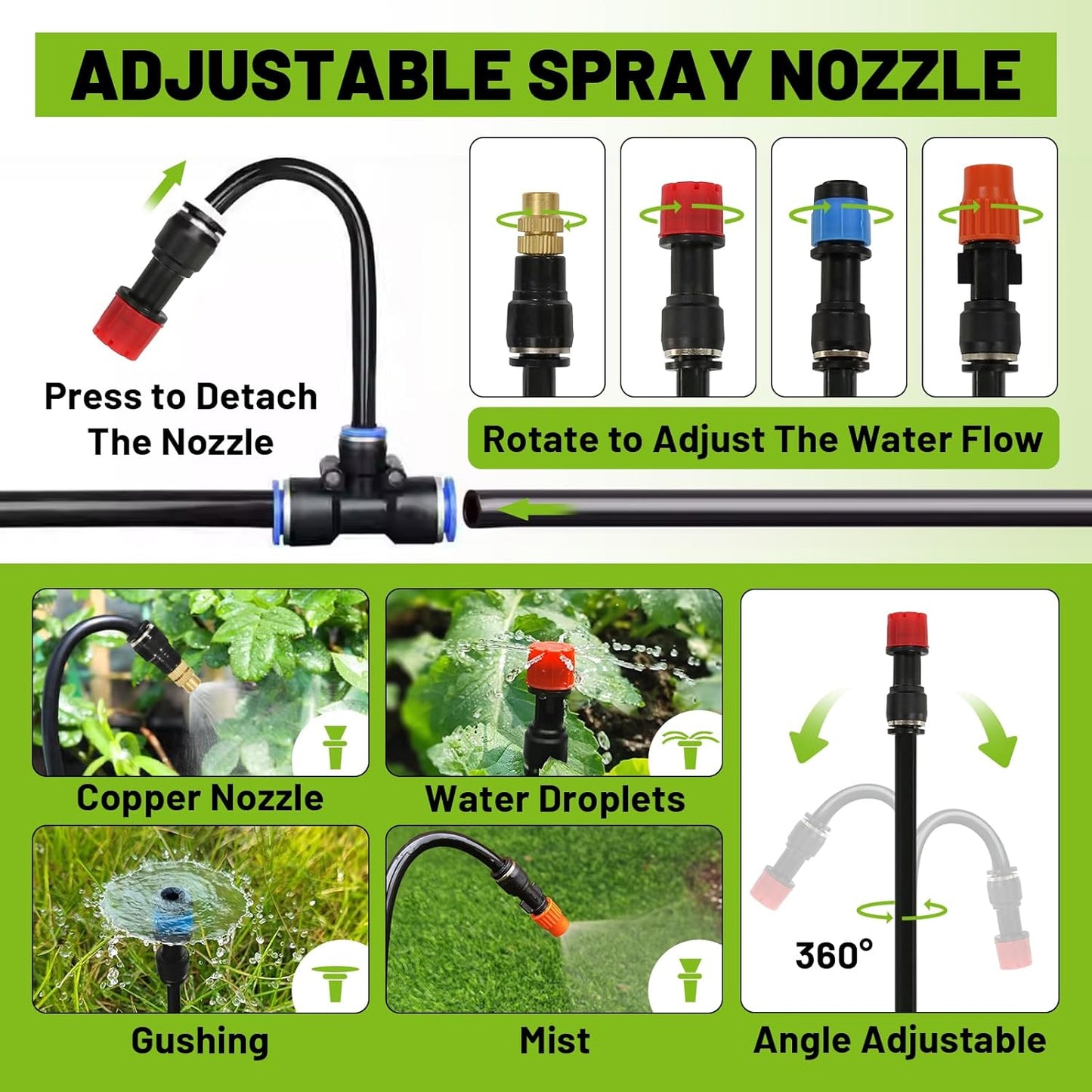 Drip Irrigation Kit - 100 FT. Hose Sprinkler System with 360° nozzles and T-connectors for Gardens, lawns, Plants, Flower beds, Trees, patios and hydroponics (24 360° nozzles + 24 T-connectors)