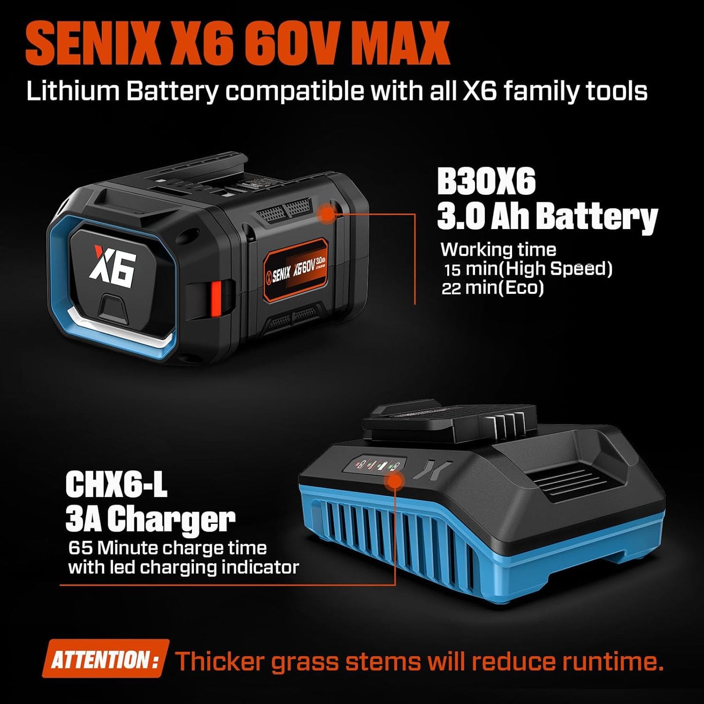 SENIX String Trimmer Cordless, X6 60V Max* 16-Inch Weed Wacker & Edger, Brushless, Variable Speed, Aluminum Shaft, Bump Feed, 3.0 Ah Lithium-ion Battery and Charger Included (GTX6-M)