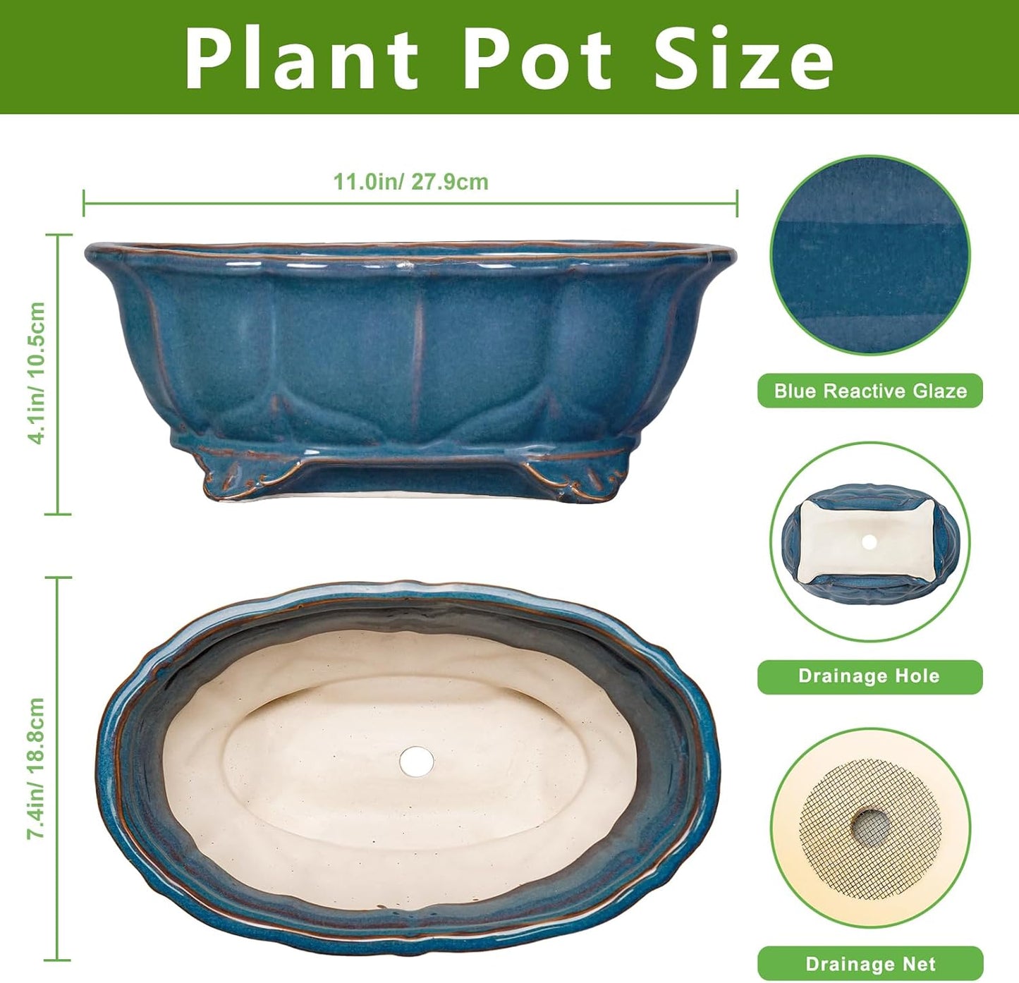 Bonsai Tree Pot - 11 Inch Ceramic Succulent Pots, Bonsai Planter for Indoor Outdoor, Decorative Plant Pot with Drainage Hole, Oval Flower Pot, Home Garden Decor, Garden Gifts, Retro Blue