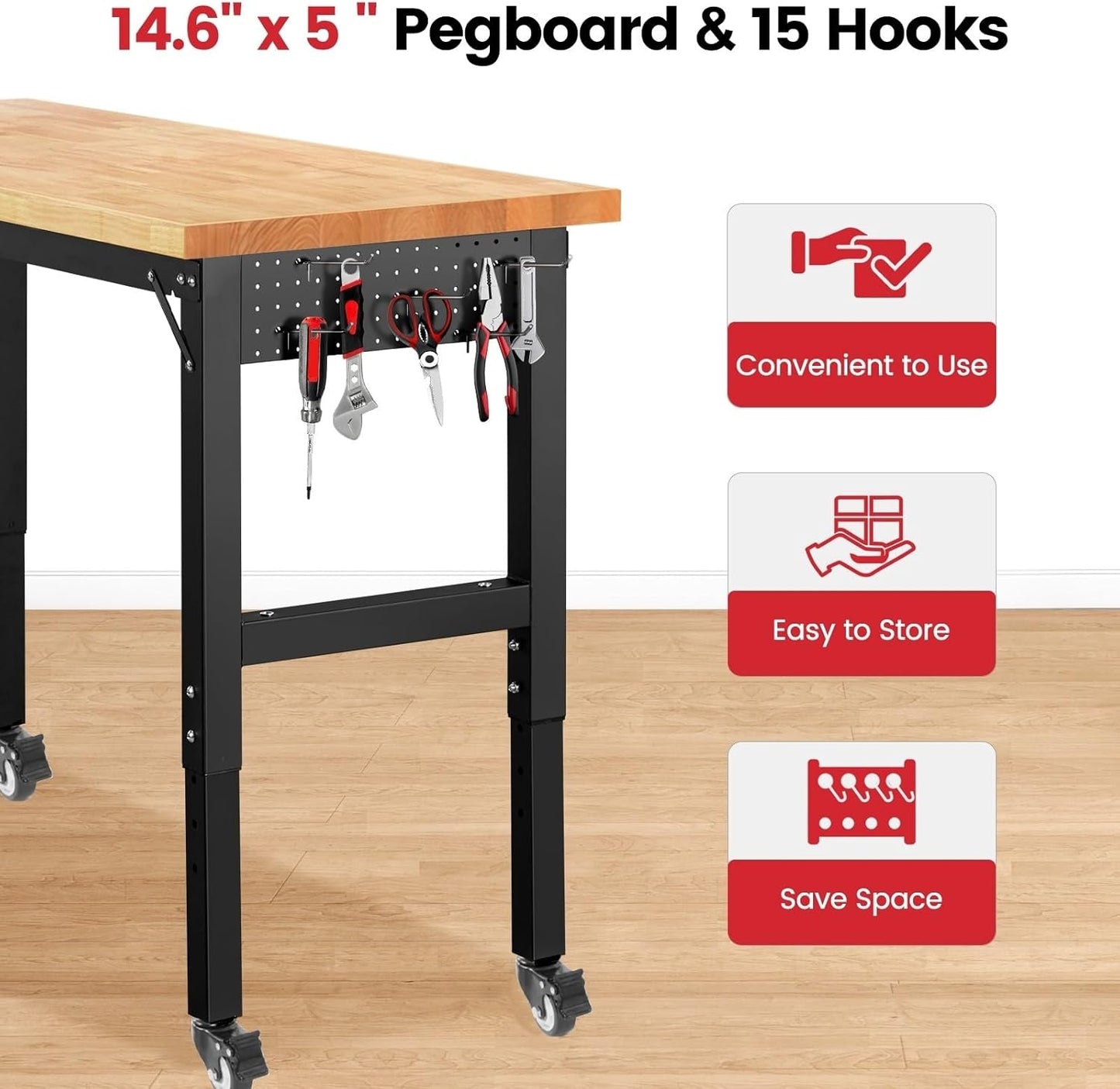 Workbench for Garage Adjustable Height 60 x 22 Inch Work Table with Wheels Heavy Duty Rubberwood Tabletop Workbench with Pegboard, Power Outlets for Woodworking Shop, Home, Office