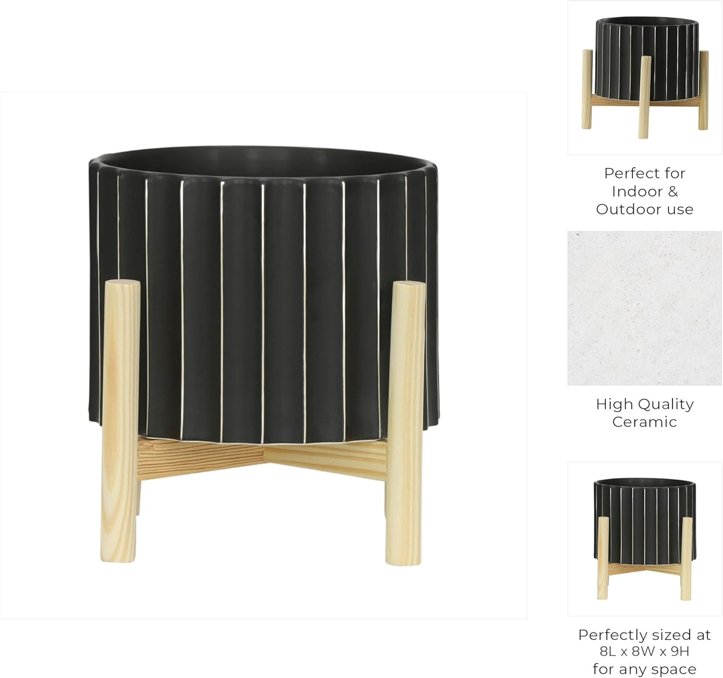 Ceramic Planter with Pine Wood Stand – Plant Pot – Durable Stoneware Planter for Indoor Outdoor Use – Modern Minimalist Plant Holder for Home Decor, Living Room, Garden, Balcony – 9", Black Fluted